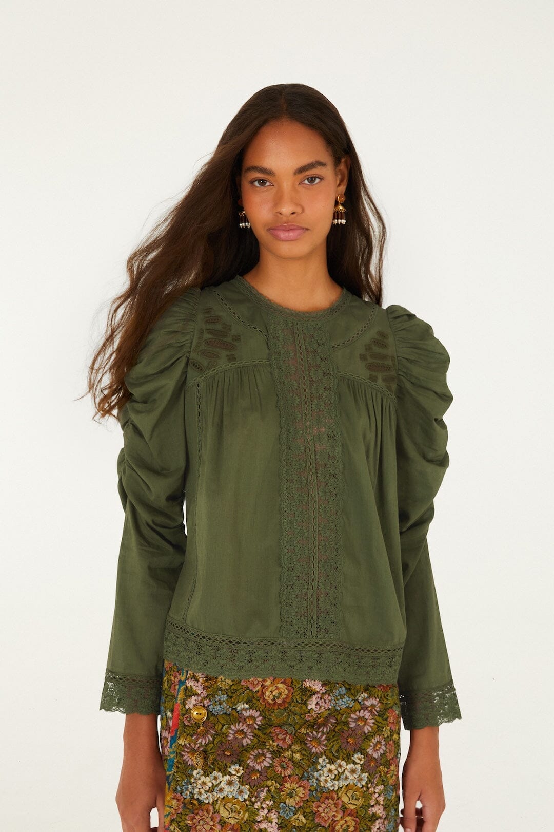 Lace Ruched Sleeve Blouse