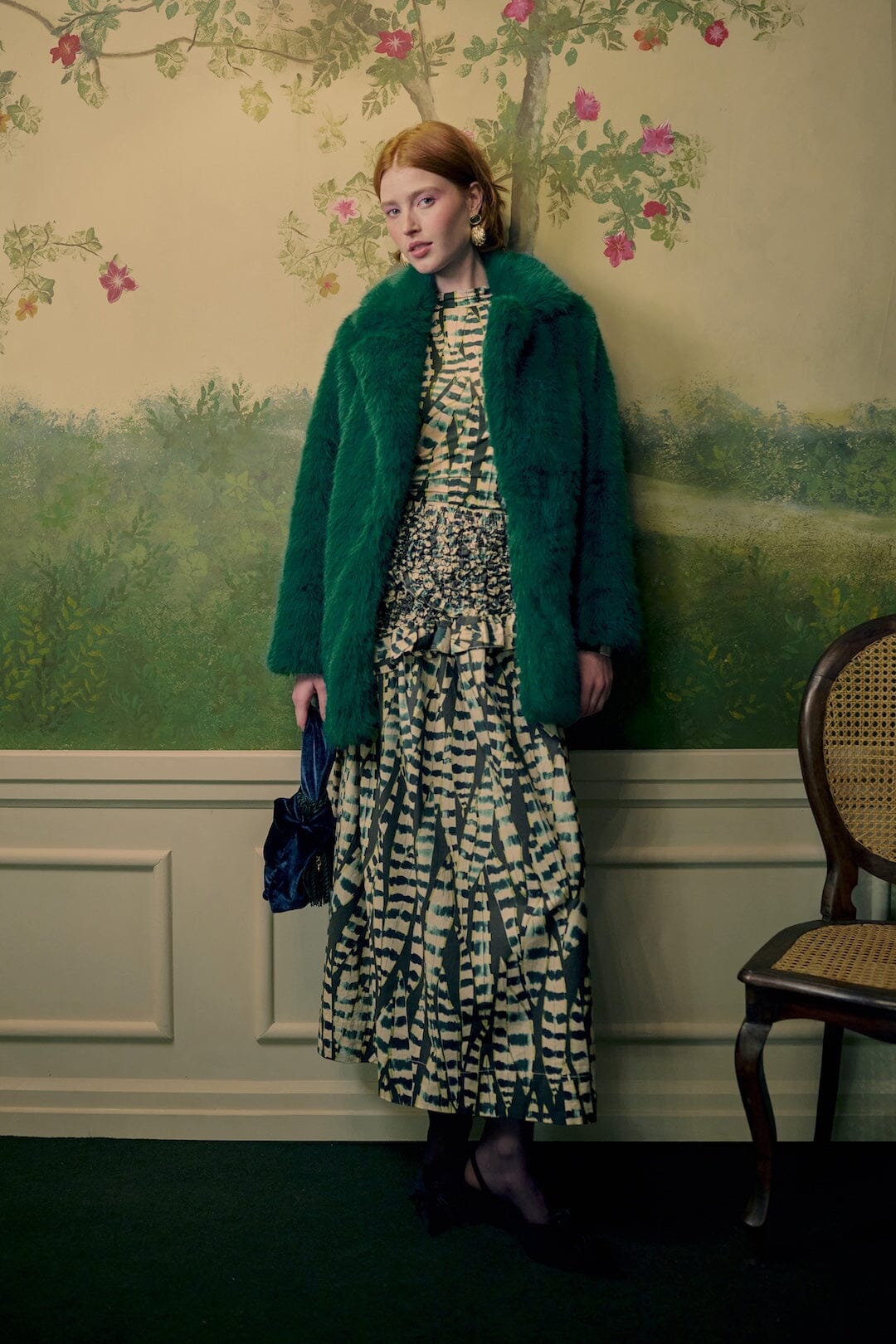 FARM Rio model wearing the Latino America Notched Lapel Faux Fur Coat