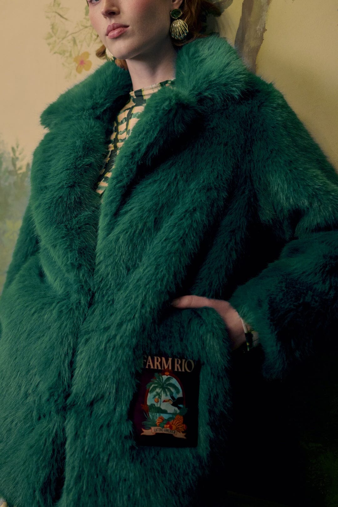 FARM Rio model wearing the Latino America Notched Lapel Faux Fur Coat