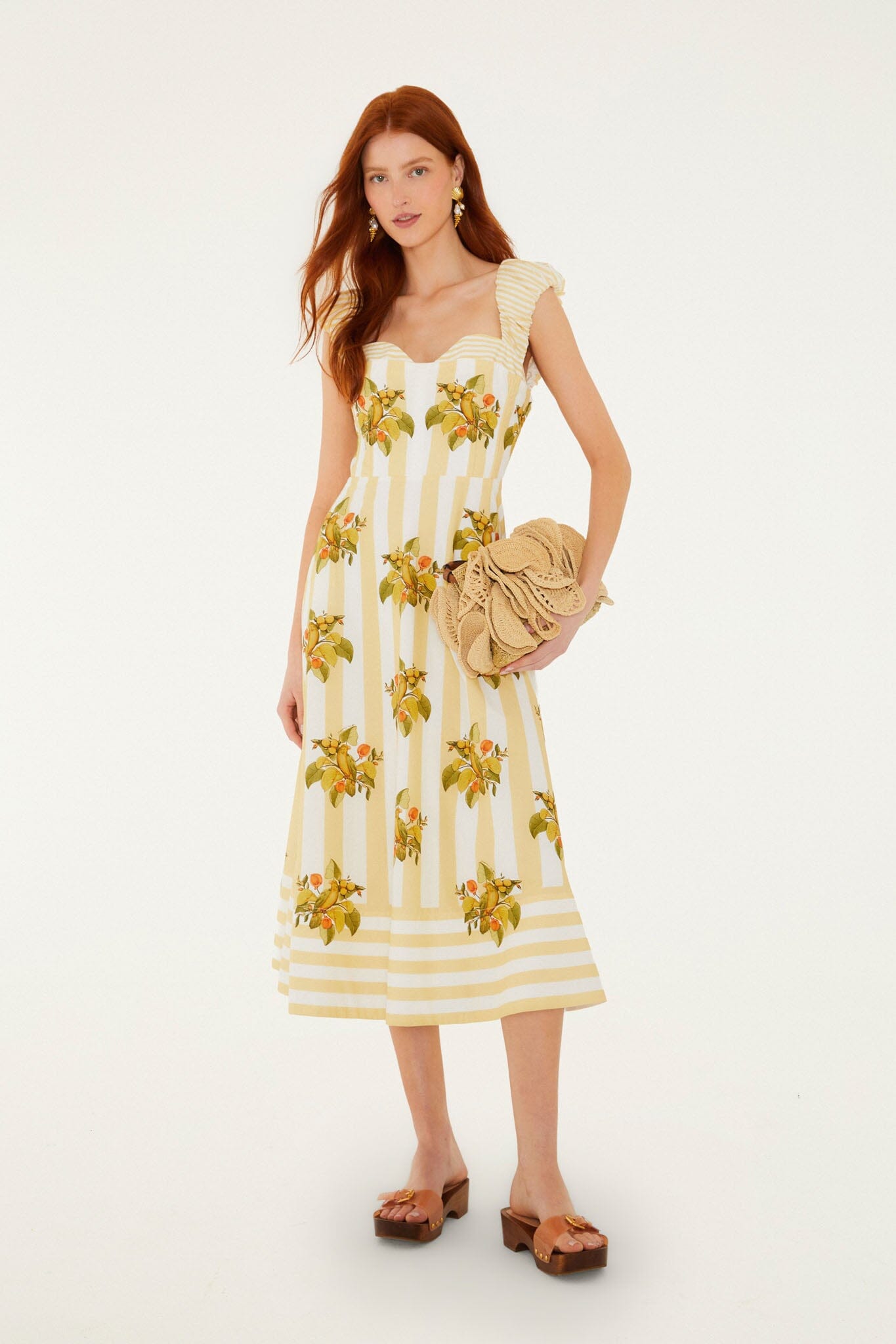 FARM Rio model wearing the Lemon Birds Multicolor Cropped Dress