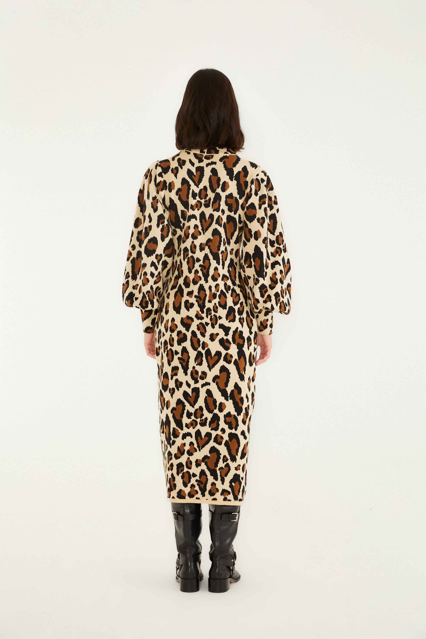 FARM Rio model wearing the Leopard Print Knit Midi Dress