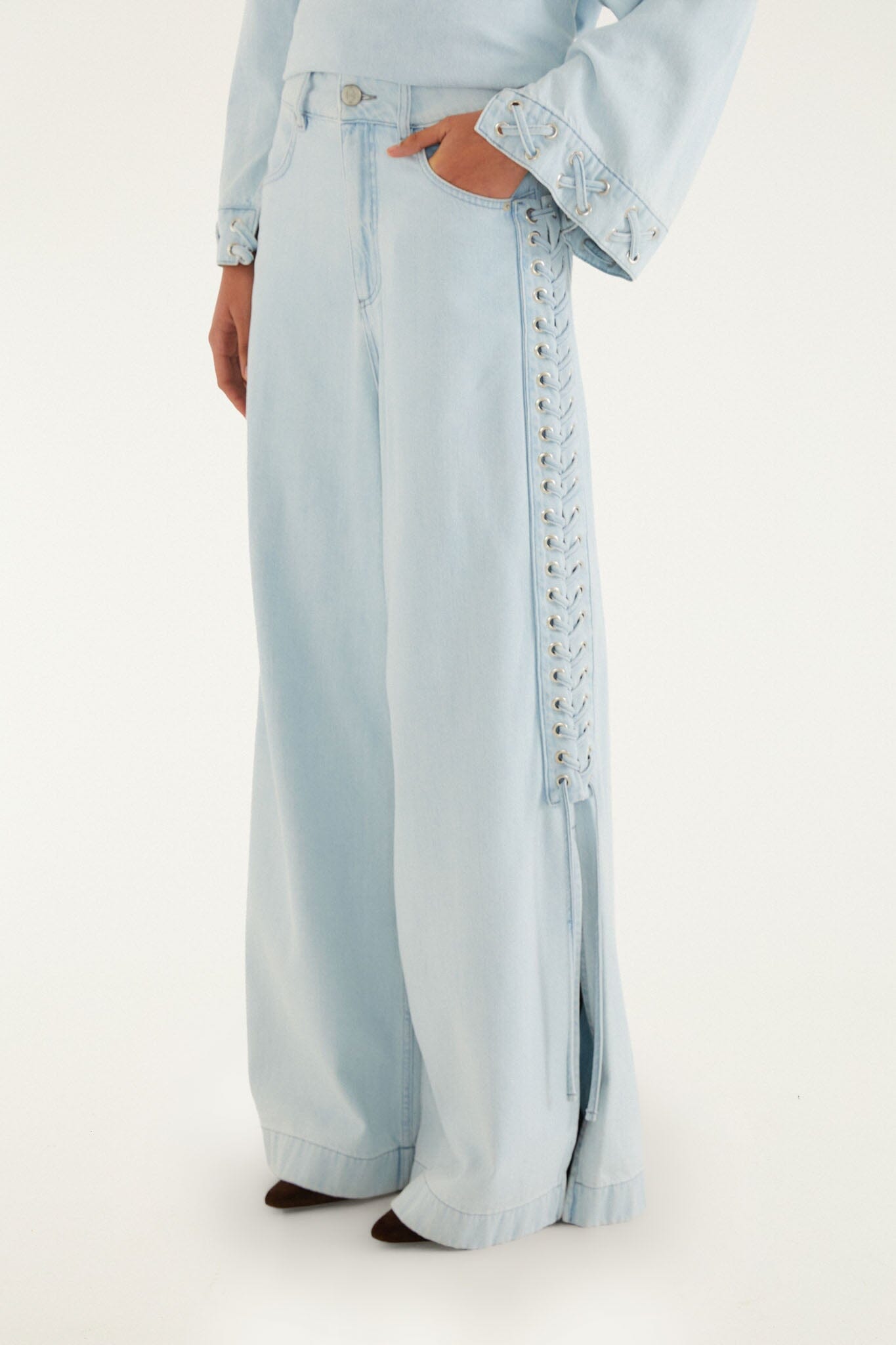 FARM Rio model wearing the Light Denim Ties Wide-Leg Pants