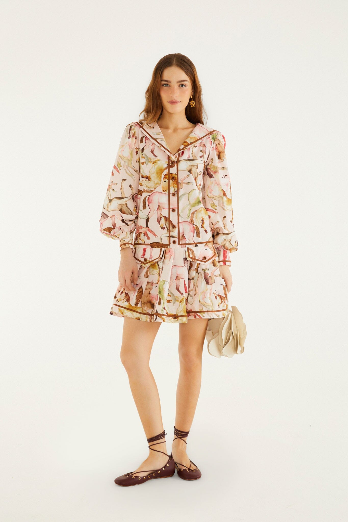FARM Rio model wearing the Light Pink Equestrian Overlap Buttoned Mini Dress