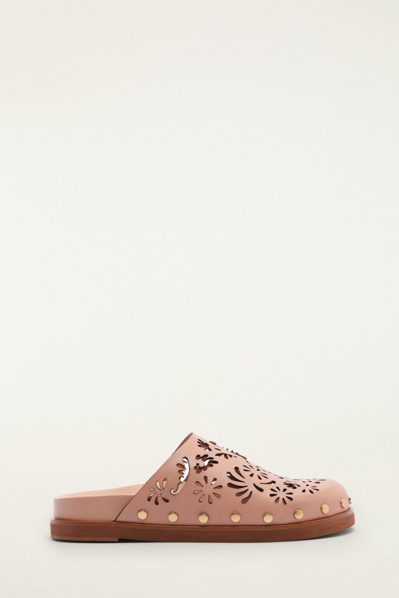 FARM Rio model wearing the Light Pink Lace Leather Anatomic Slide Mule