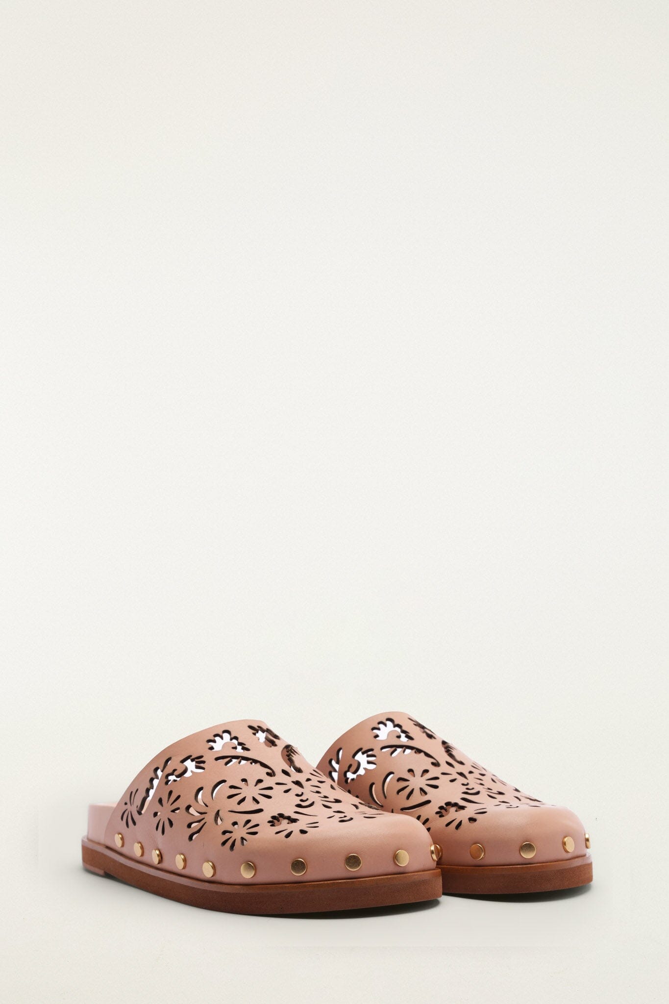 FARM Rio model wearing the Light Pink Lace Leather Anatomic Slide Mule
