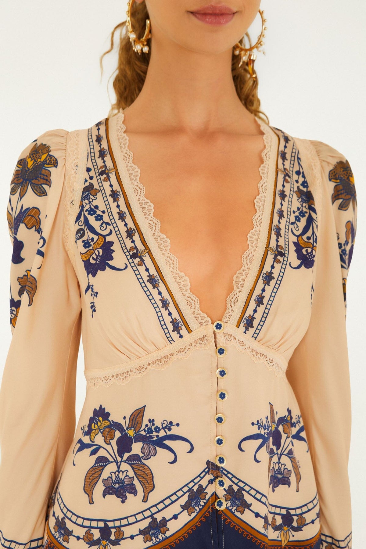 FARM Rio model wearing the Liz Lace Buttoned Blouse