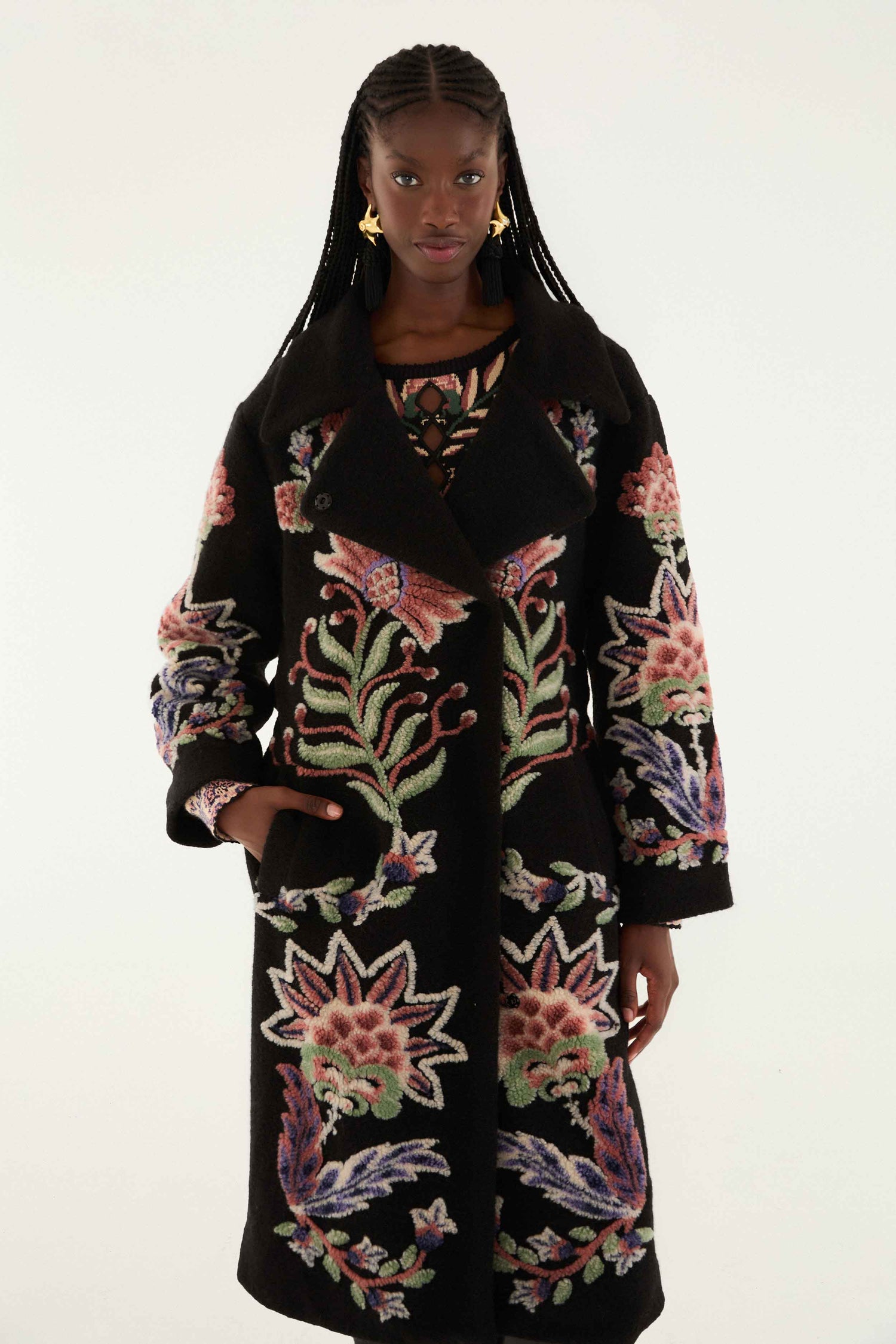 FARM Rio model wearing the Marvelous Garden Fleece Coat