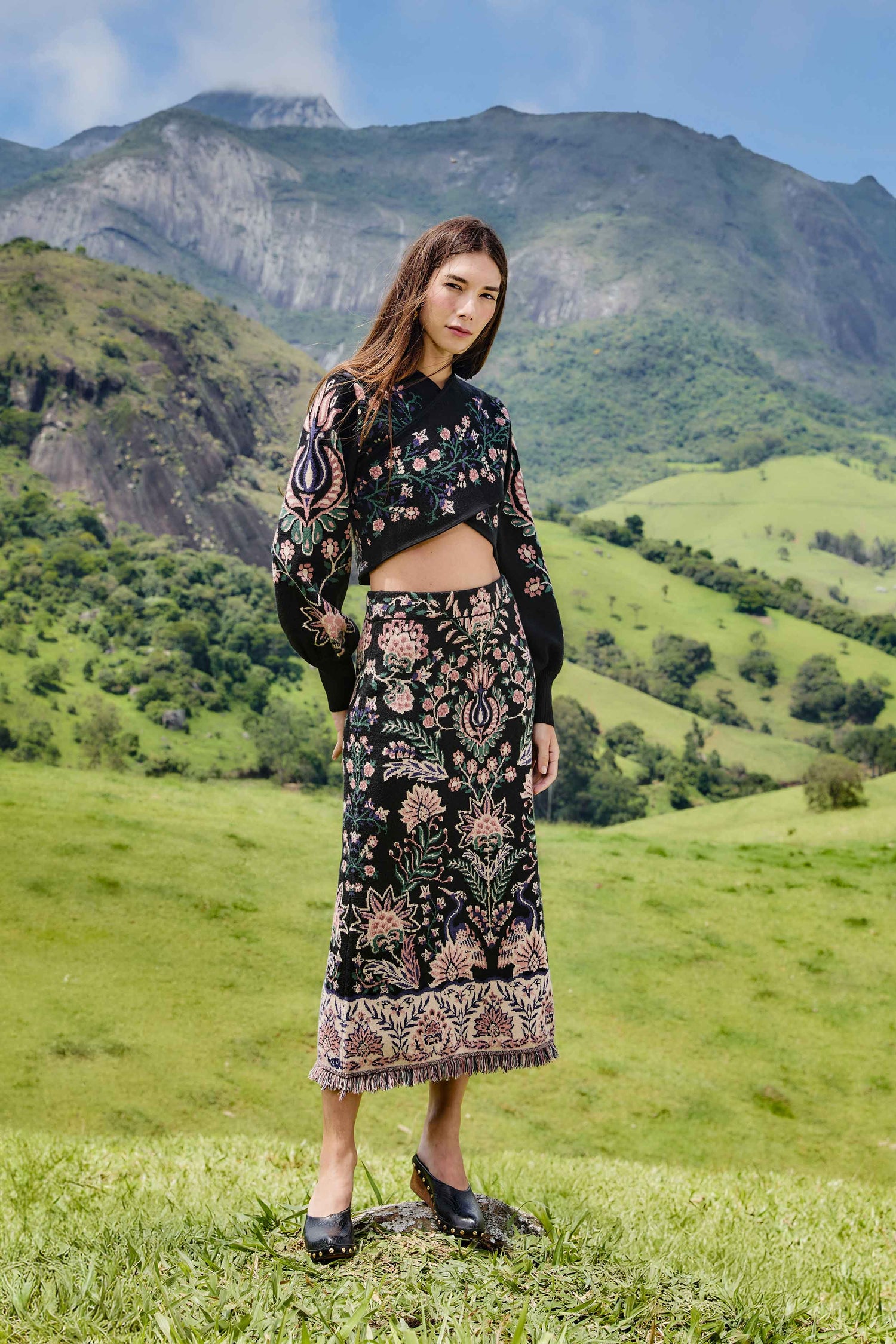 FARM Rio model wearing the Marvelous Garden Knit Skirt