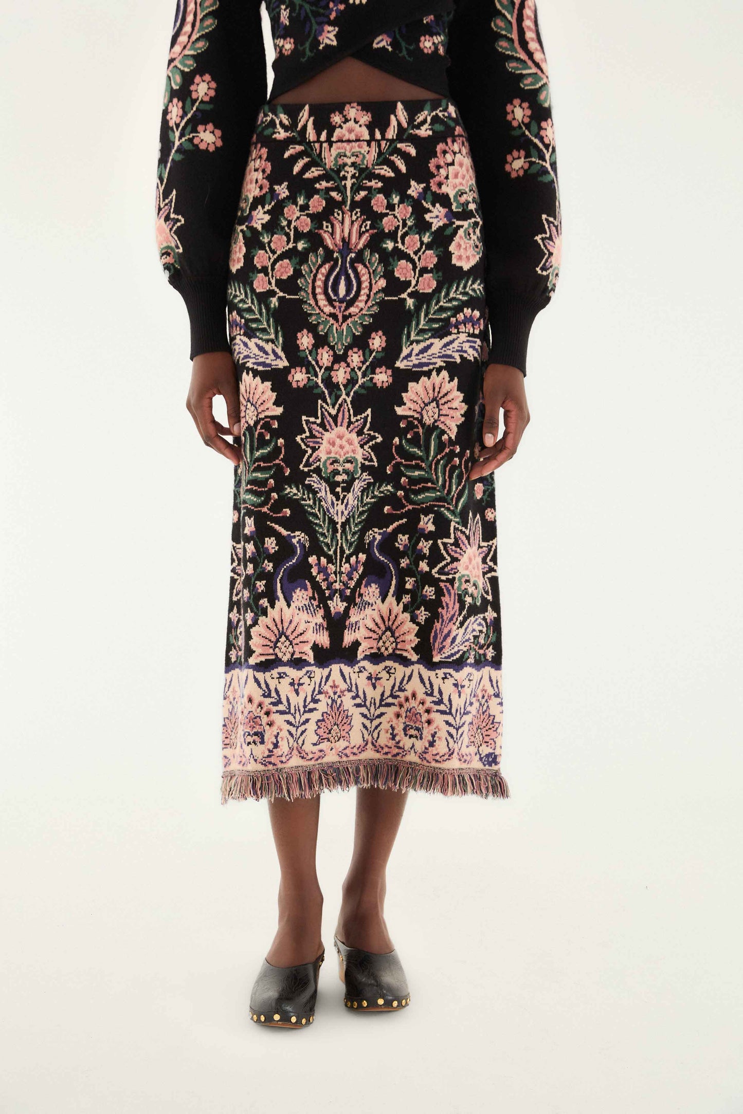 FARM Rio model wearing the Marvelous Garden Knit Skirt