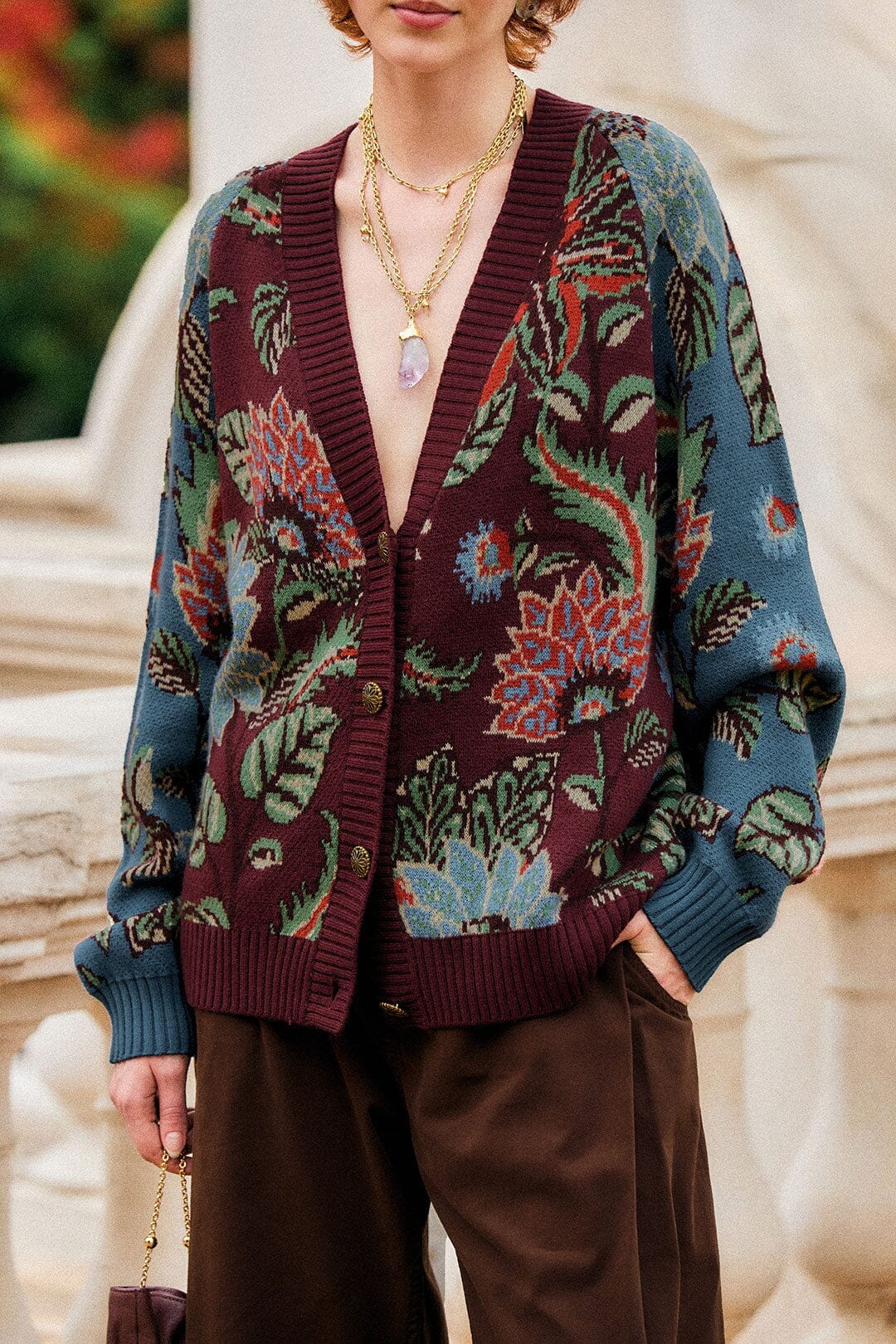 Mixed Delhi Floral Buttoned Knit Cardigan