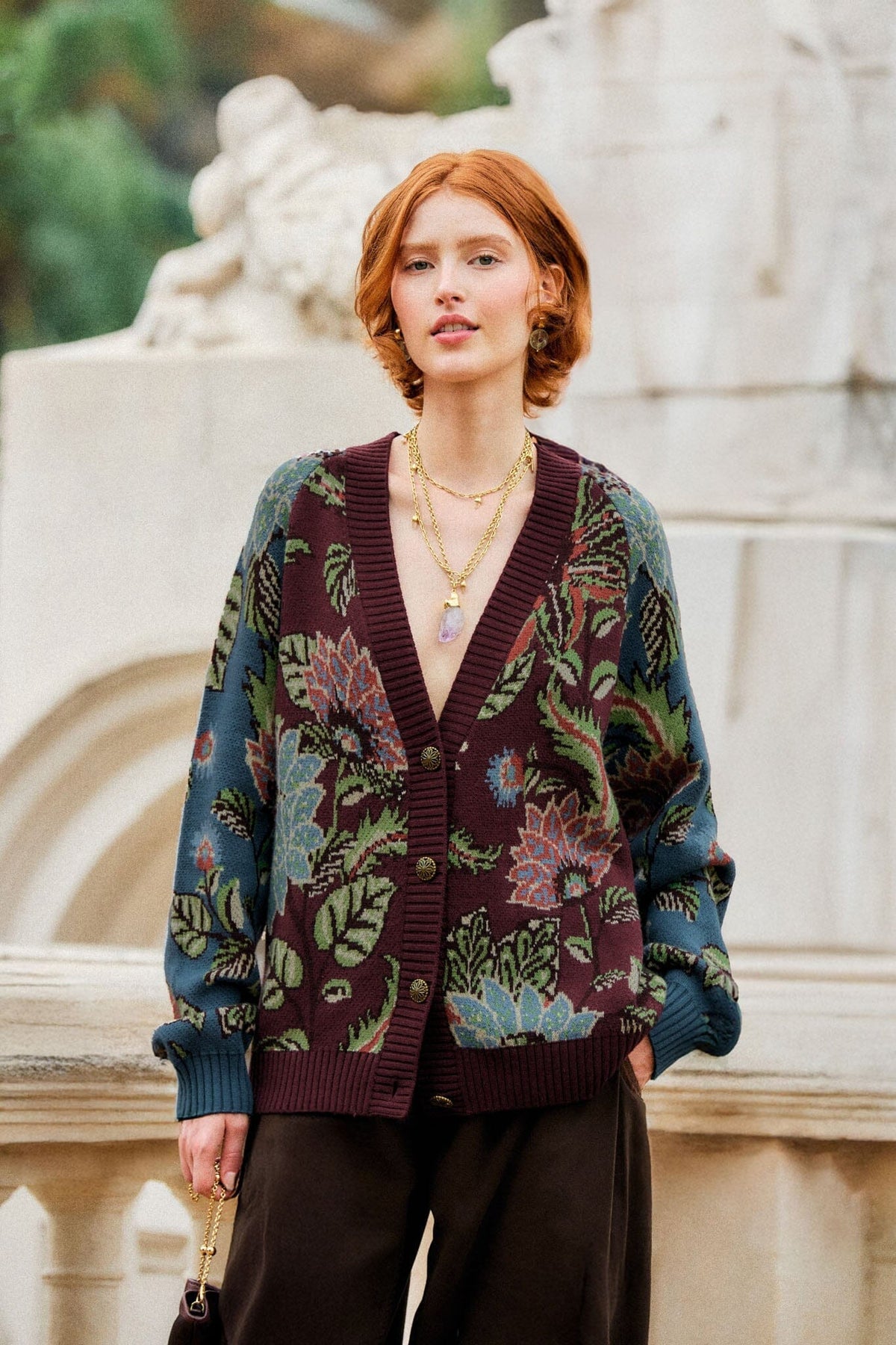 Mixed Delhi Floral Buttoned Knit Cardigan