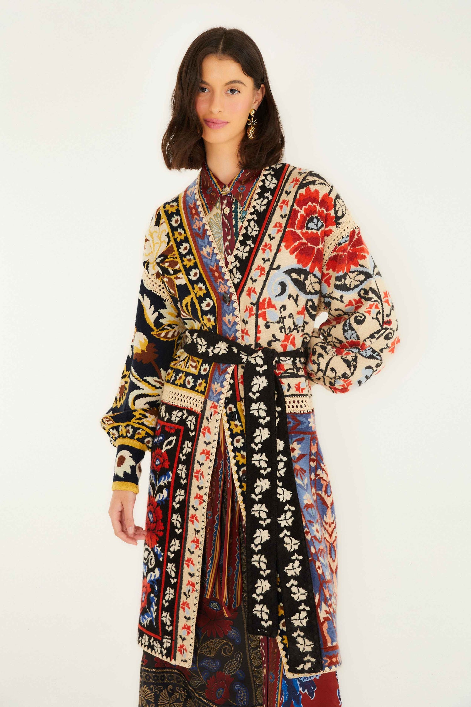 FARM Rio model wearing the Mixed Flower Print Patchwork Knit Midi Cardigan