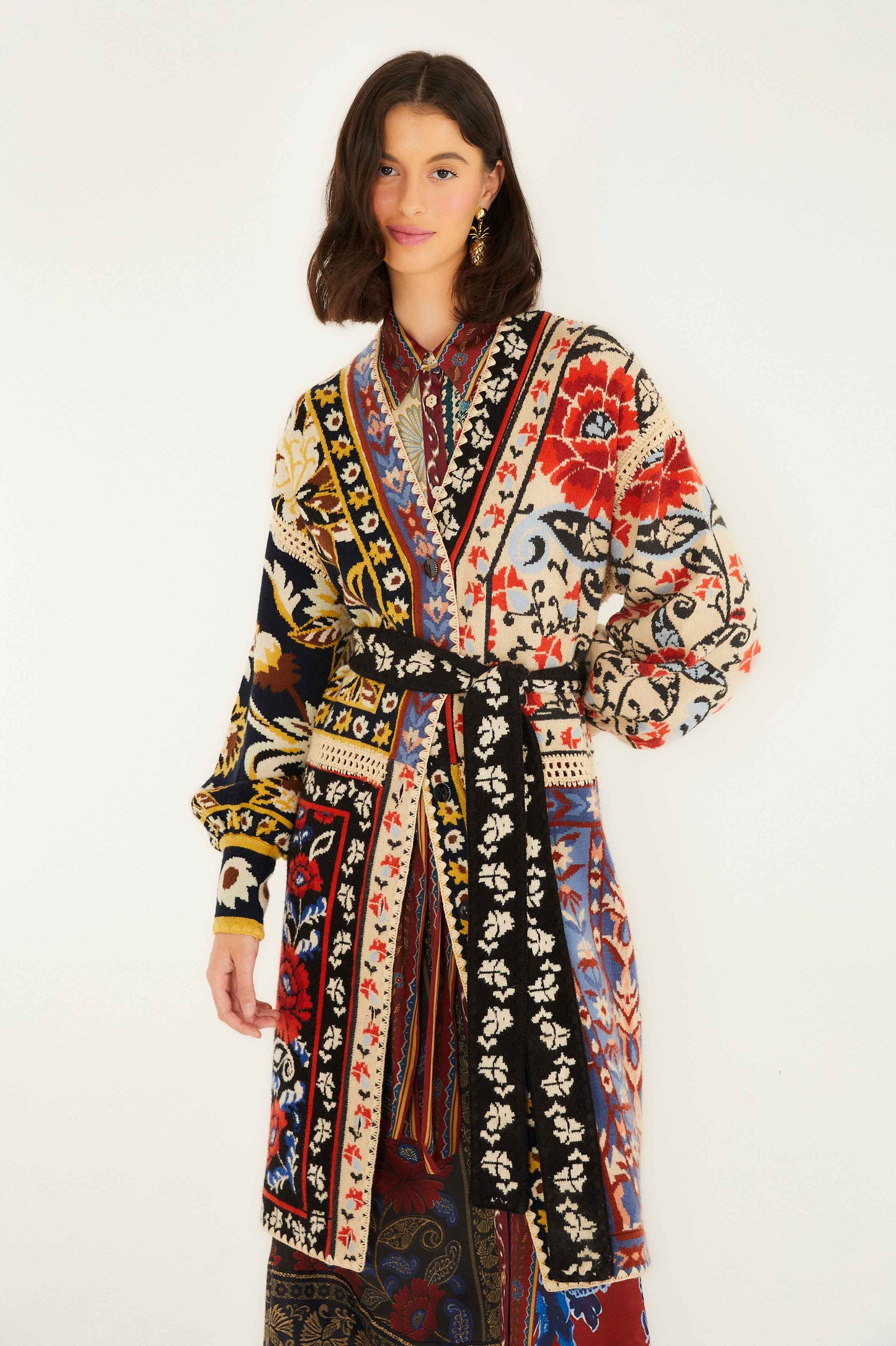 FARM Rio model wearing the Mixed Flower Print Patchwork Knit Midi Cardigan