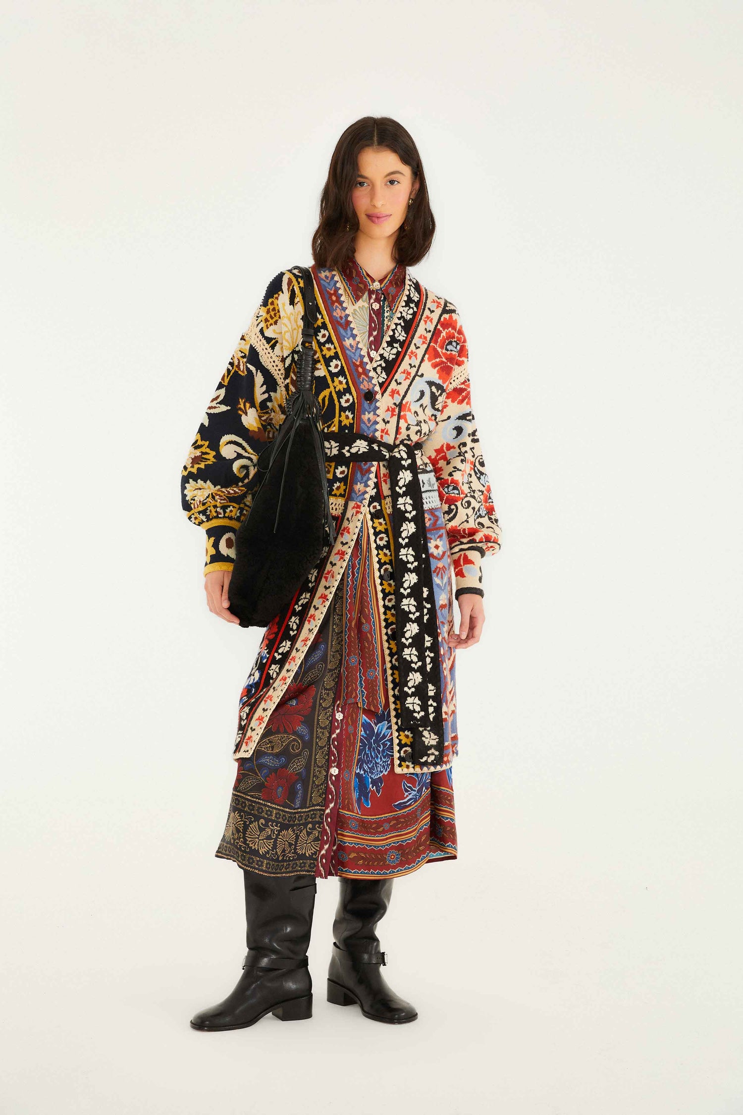 FARM Rio model wearing the Mixed Flower Print Patchwork Knit Midi Cardigan