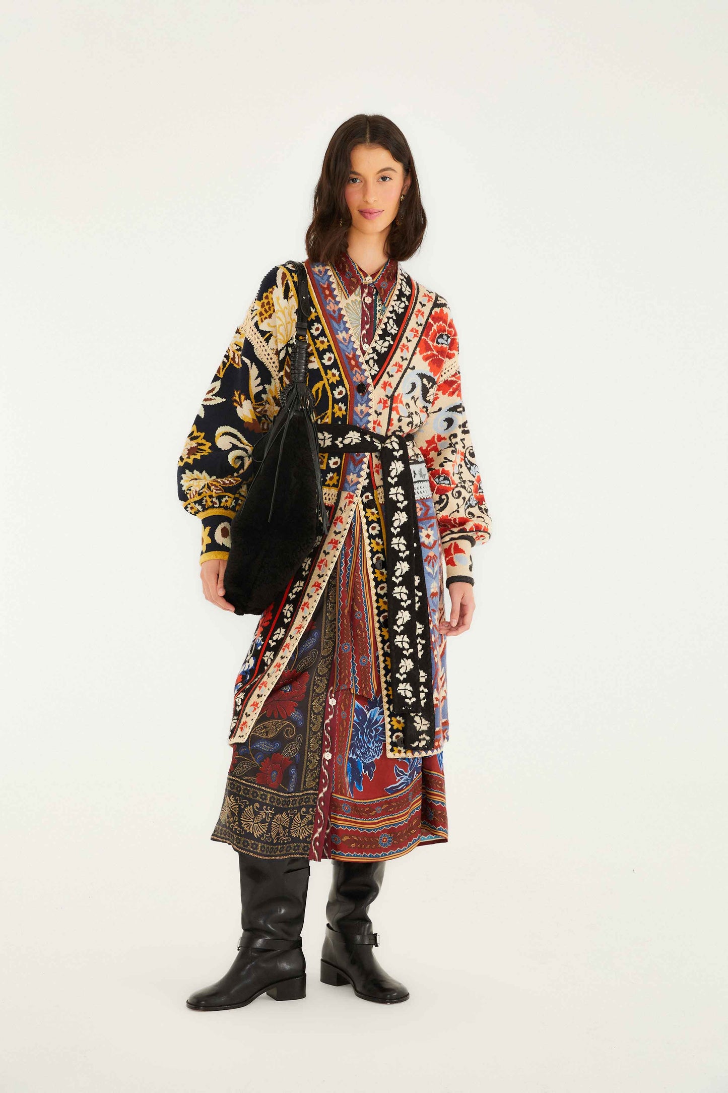 FARM Rio model wearing the Mixed Flower Print Patchwork Knit Midi Cardigan