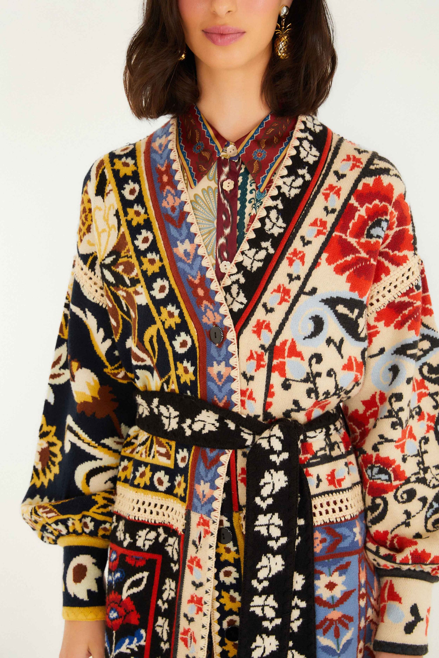 FARM Rio model wearing the Mixed Flower Print Patchwork Knit Midi Cardigan