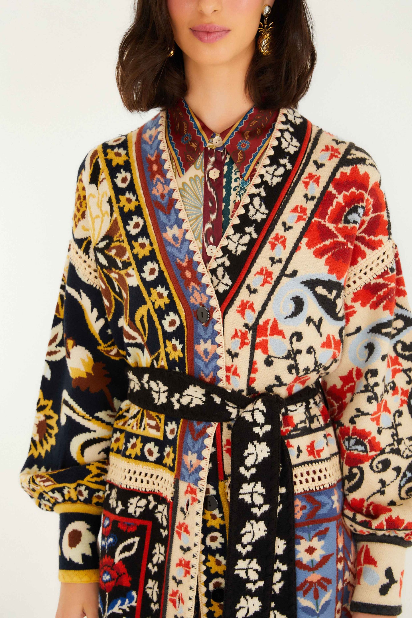FARM Rio model wearing the Mixed Flower Print Patchwork Knit Midi Cardigan