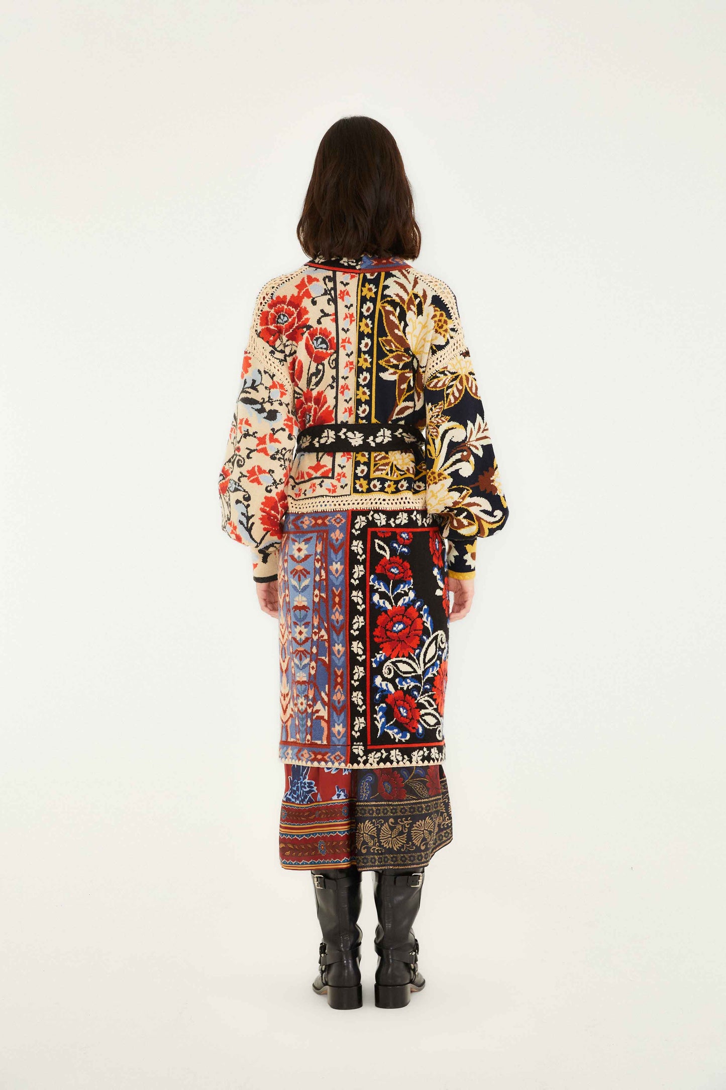 FARM Rio model wearing the Mixed Flower Print Patchwork Knit Midi Cardigan