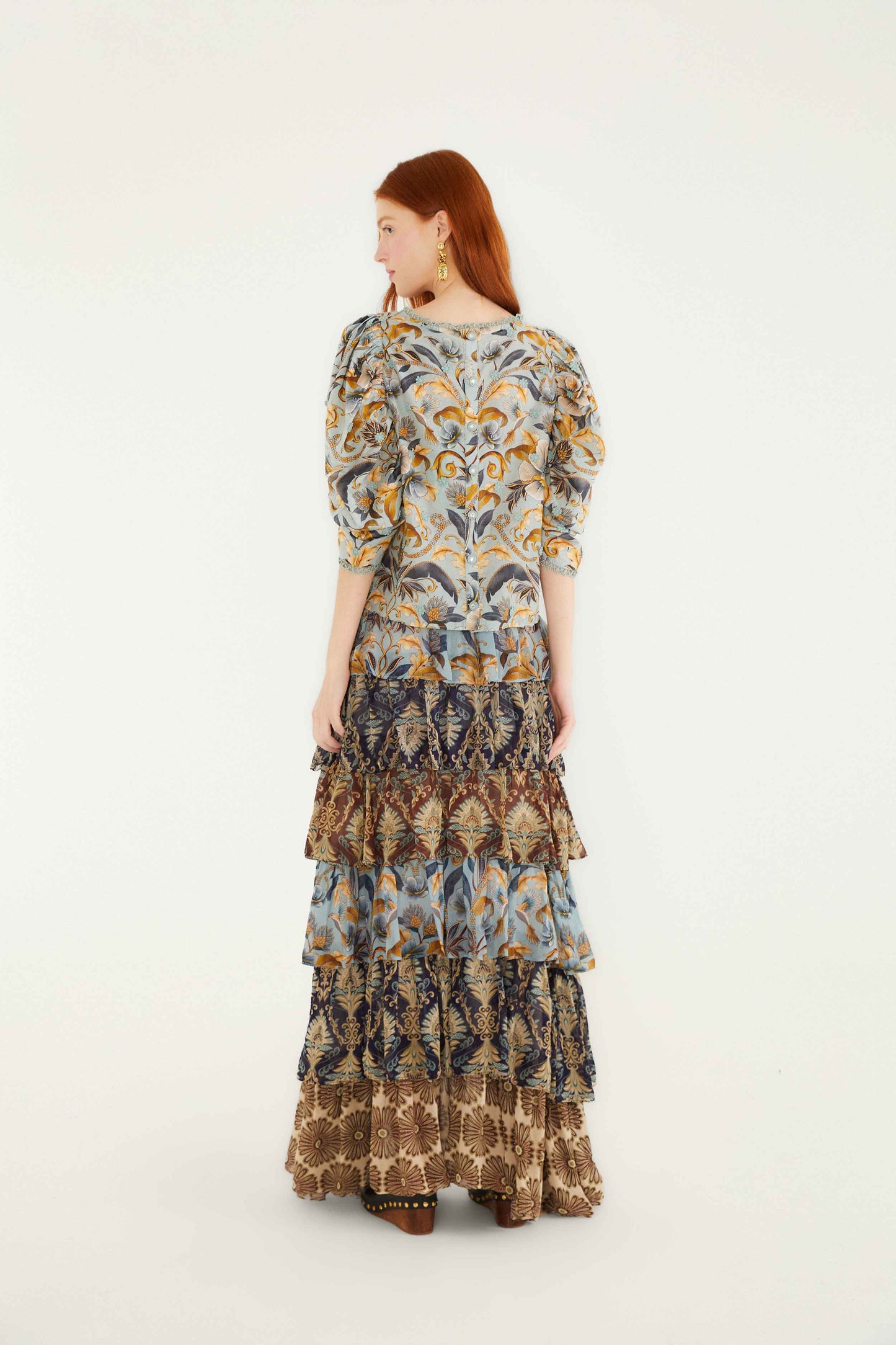 FARM Rio model wearing the Mixed Scarves Ruffled Maxi Skirt