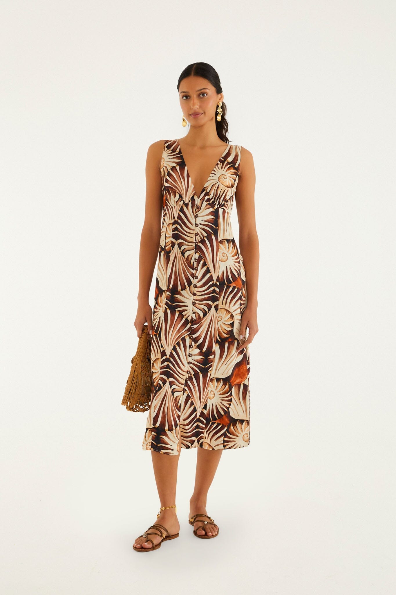 FARM Rio model wearing the Multicolor Ammonite Buttoned Midi Dress