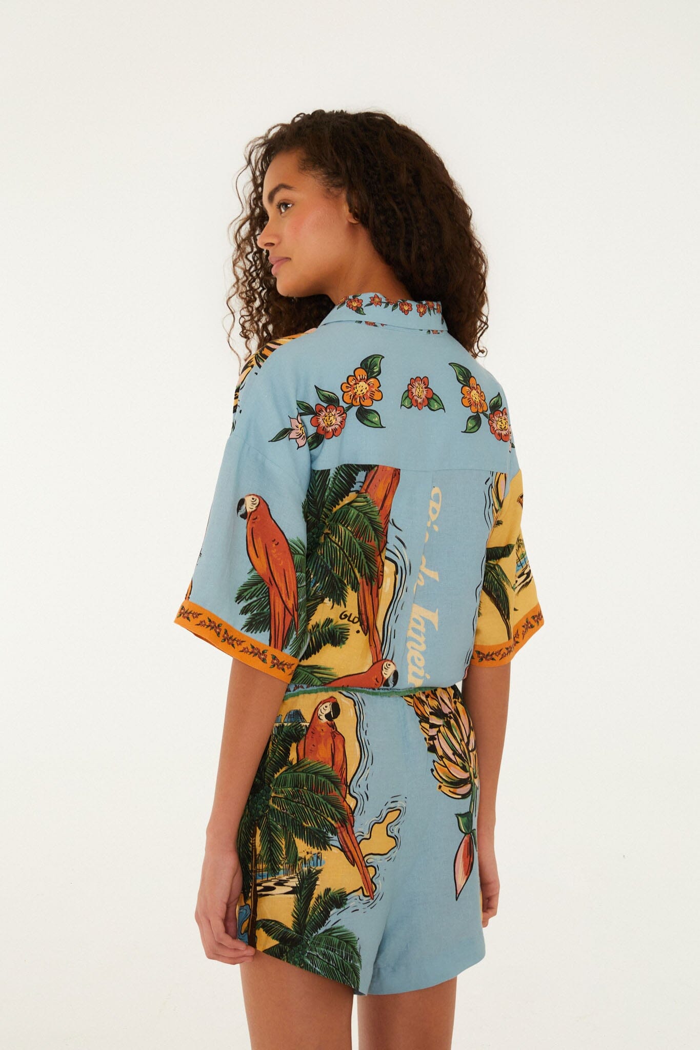 FARM Rio model wearing the Multicolor Beaches Path Drawstring Shorts