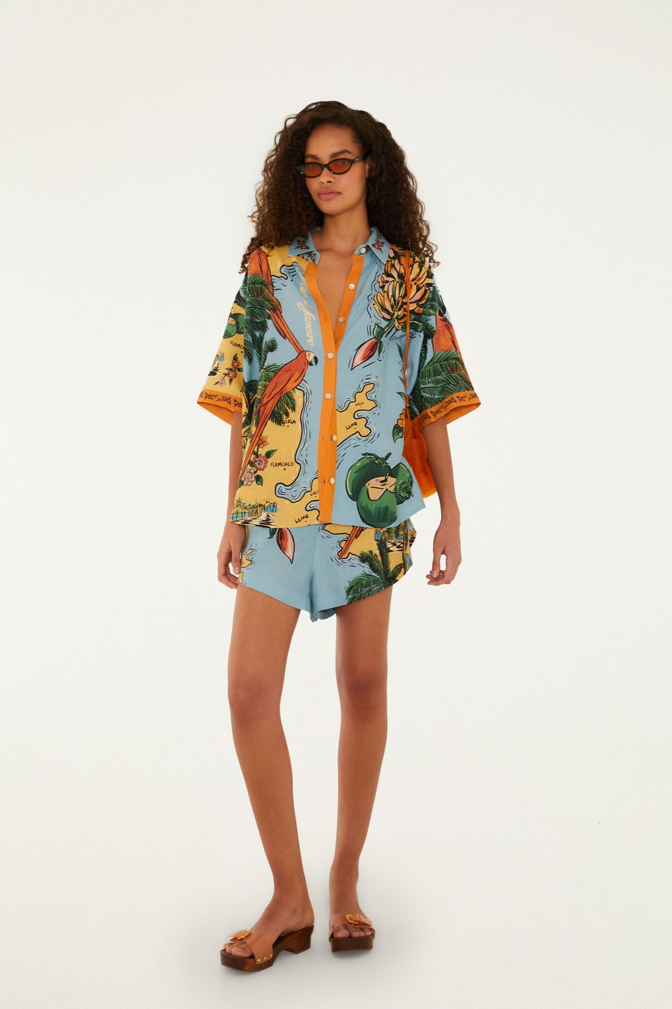 FARM Rio model wearing the Multicolor Beaches Path Drawstring Shorts