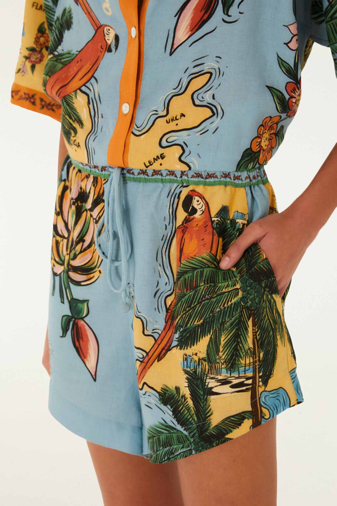 FARM Rio model wearing the Multicolor Beaches Path Drawstring Shorts