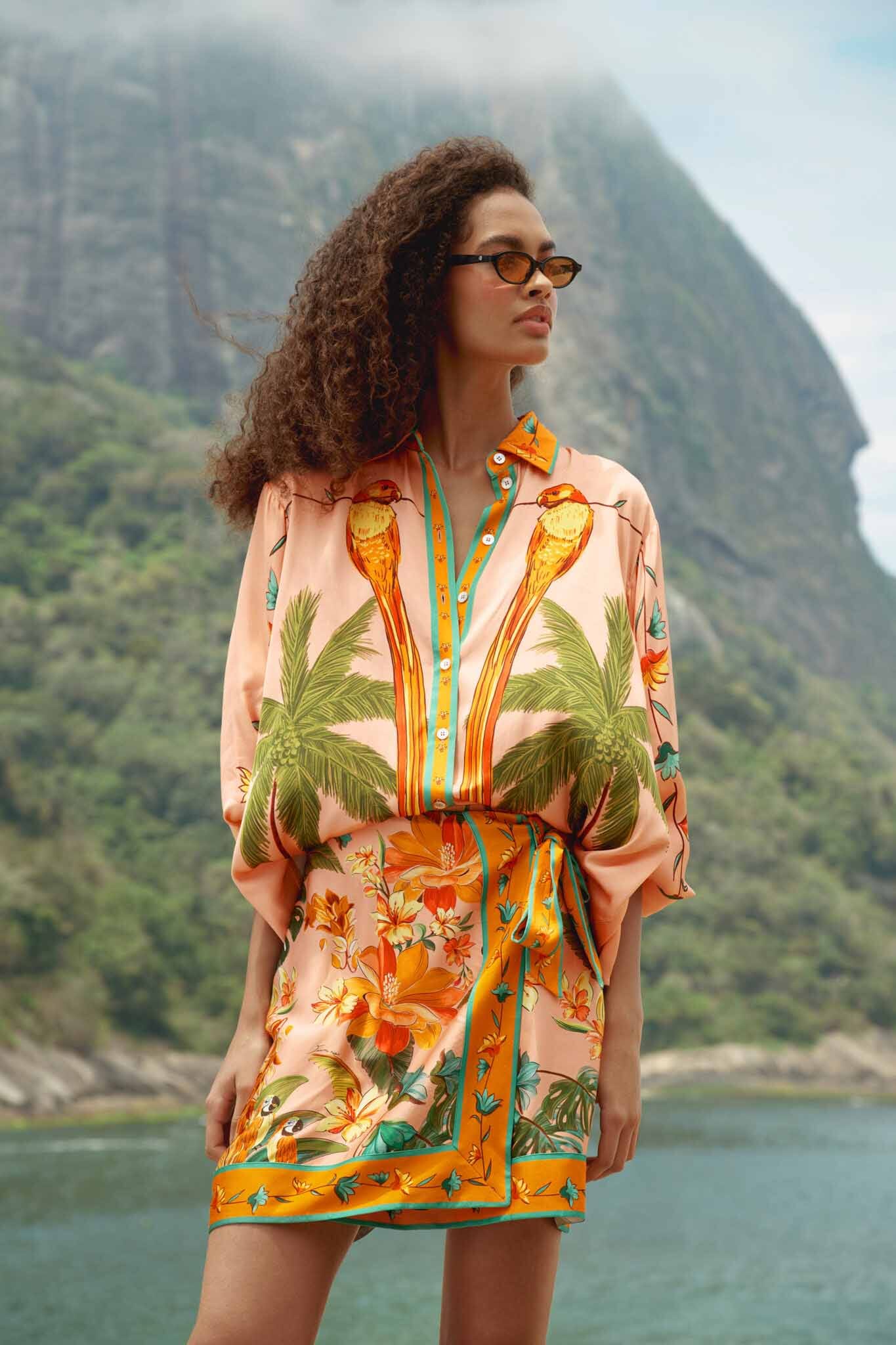 FARM Rio model wearing the Multicolor Birds Lenzing Ecovero Mini Skirt
