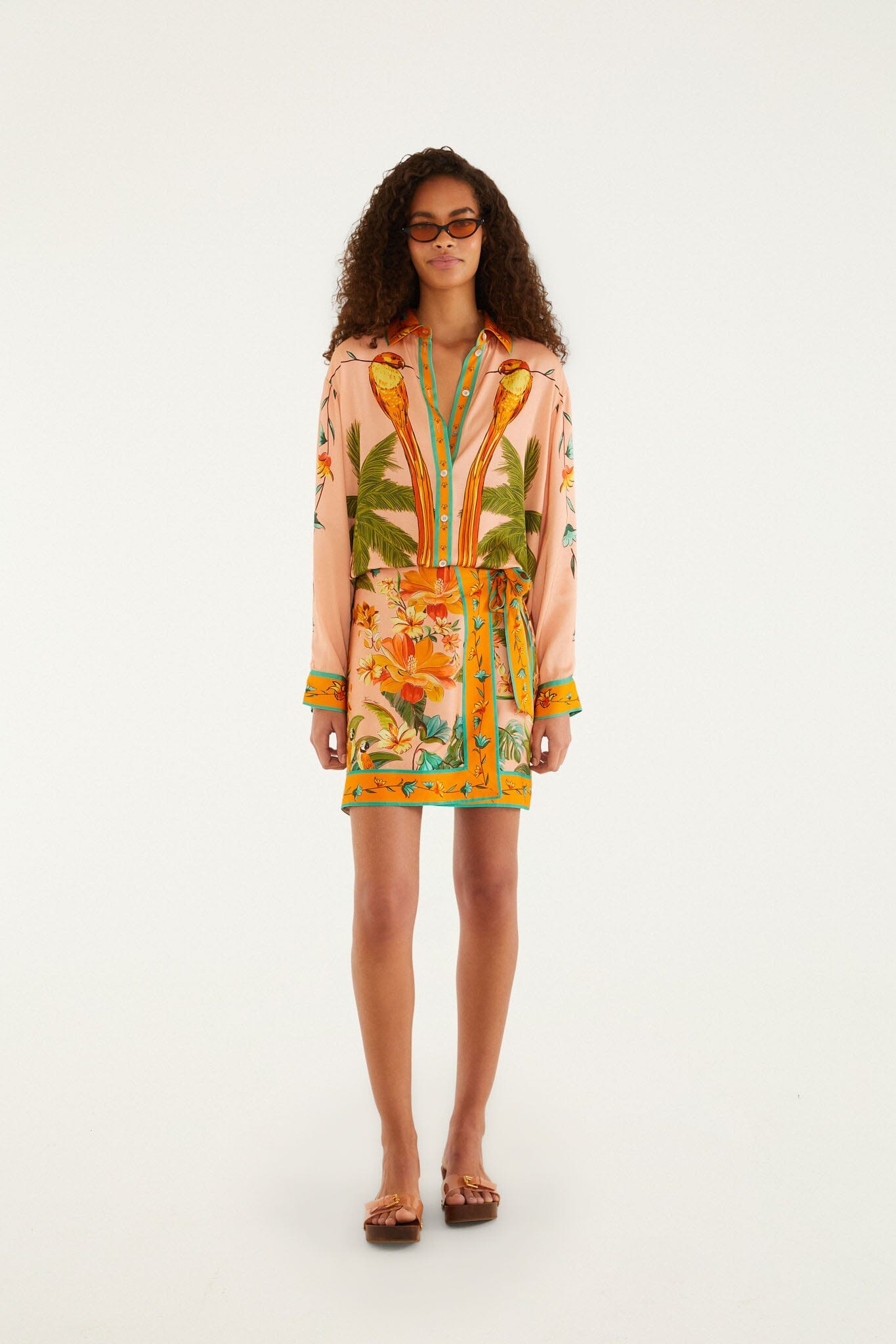 FARM Rio model wearing the Multicolor Birds Lenzing Ecovero Mini Skirt