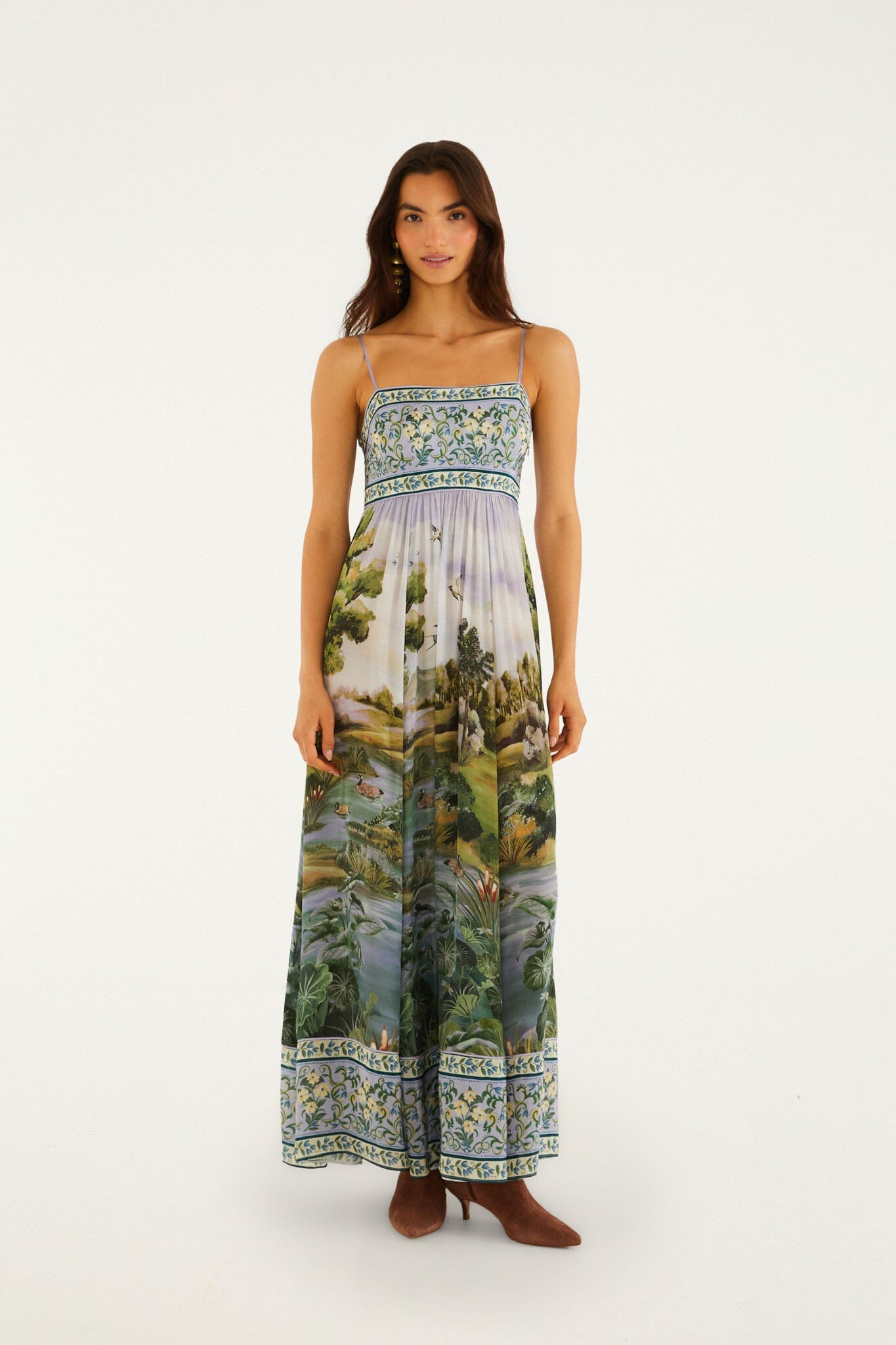 FARM Rio model wearing the Multicolor Countryside Landscape Adjustable Straps Maxi Dress