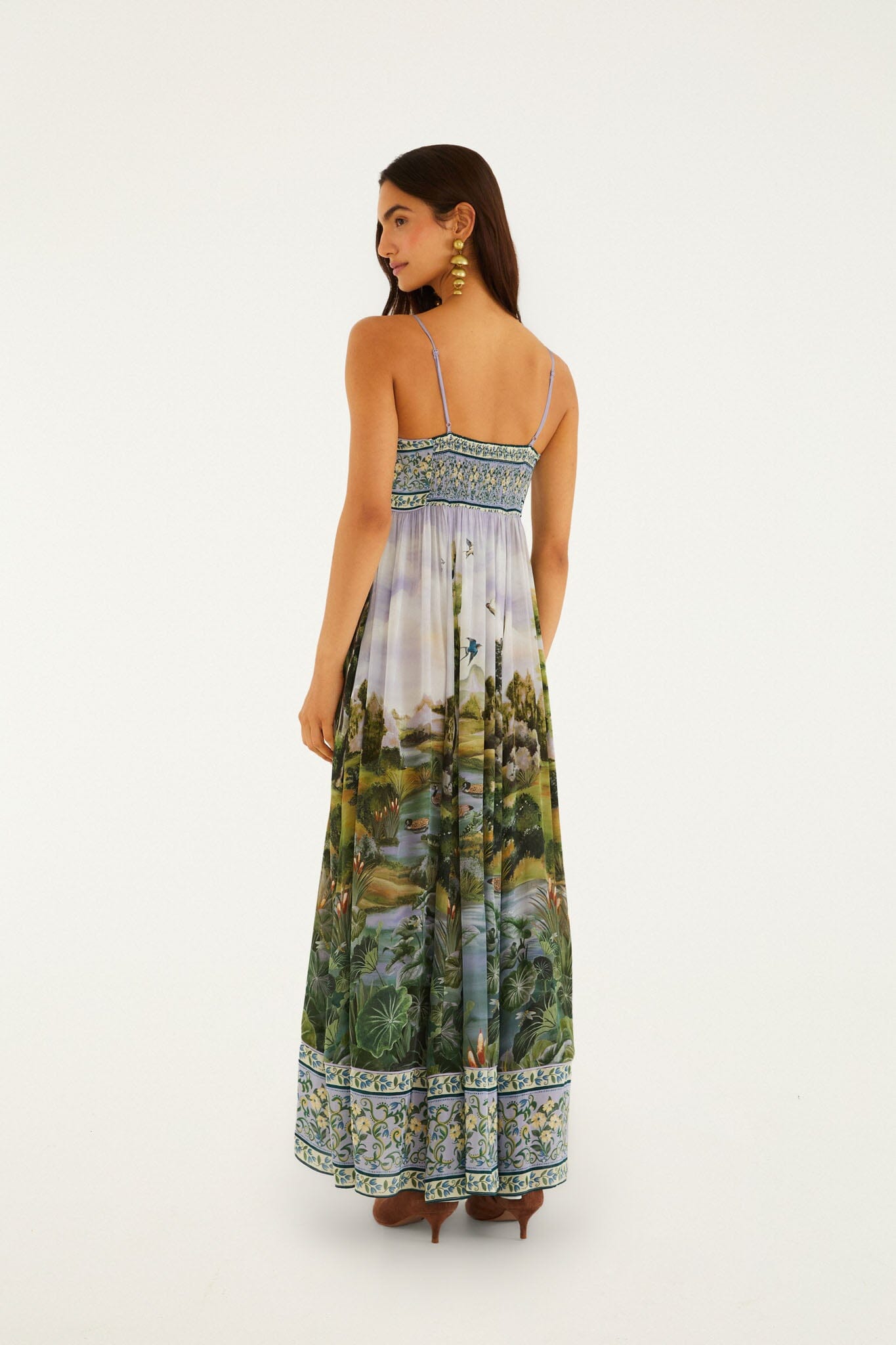 FARM Rio model wearing the Multicolor Countryside Landscape Adjustable Straps Maxi Dress