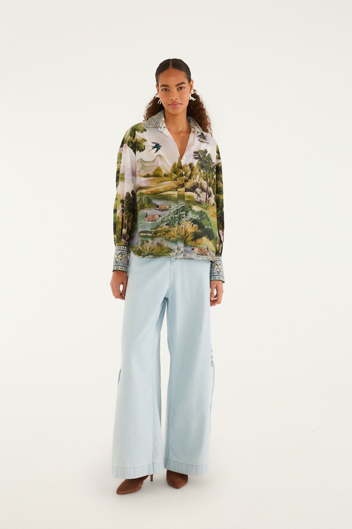 FARM Rio model wearing the Multicolor Countryside Landscape Buttoned Shirt