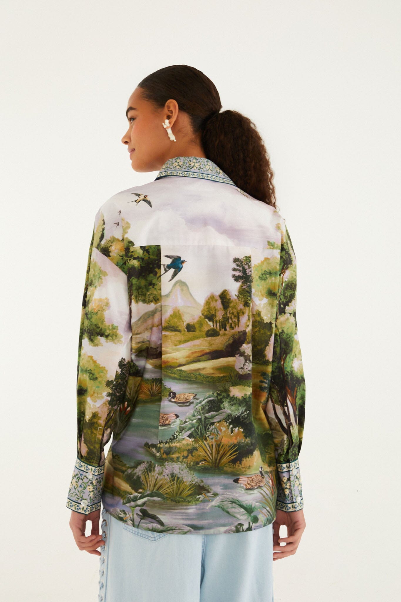 FARM Rio model wearing the Multicolor Countryside Landscape Buttoned Shirt