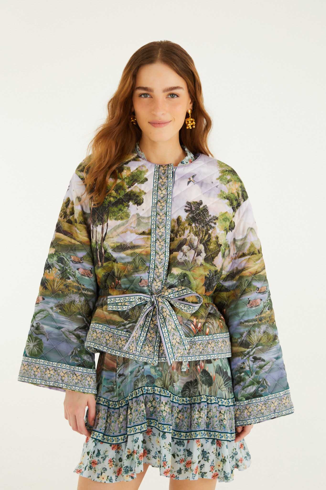 FARM Rio model wearing the Multicolor Countryside Landscape Quilted Kimono Jacket