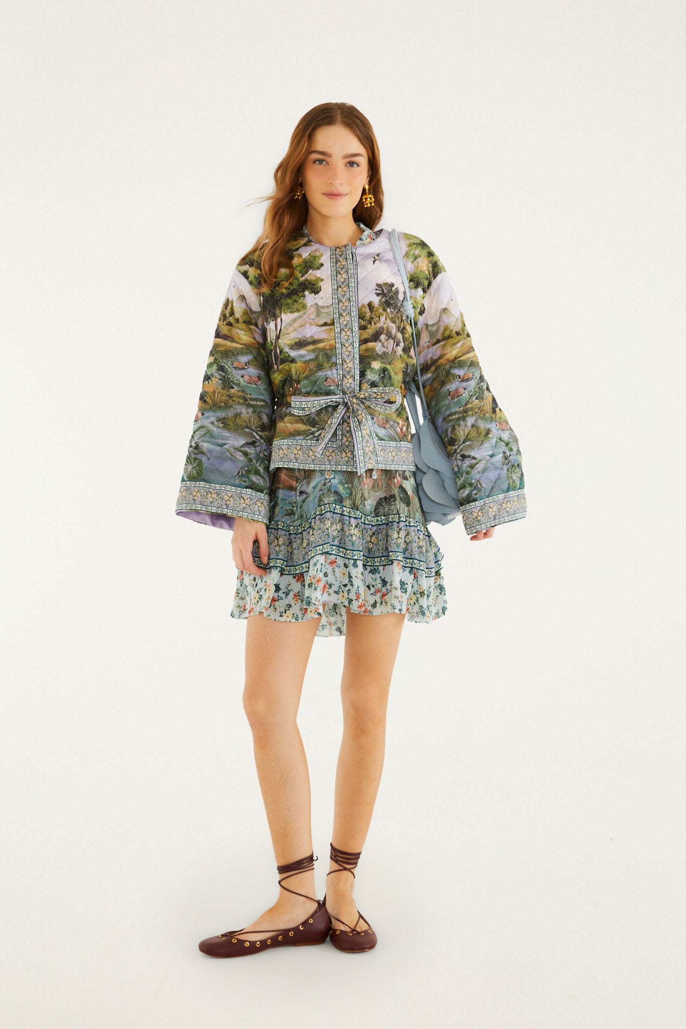 FARM Rio model wearing the Multicolor Countryside Landscape Quilted Kimono Jacket