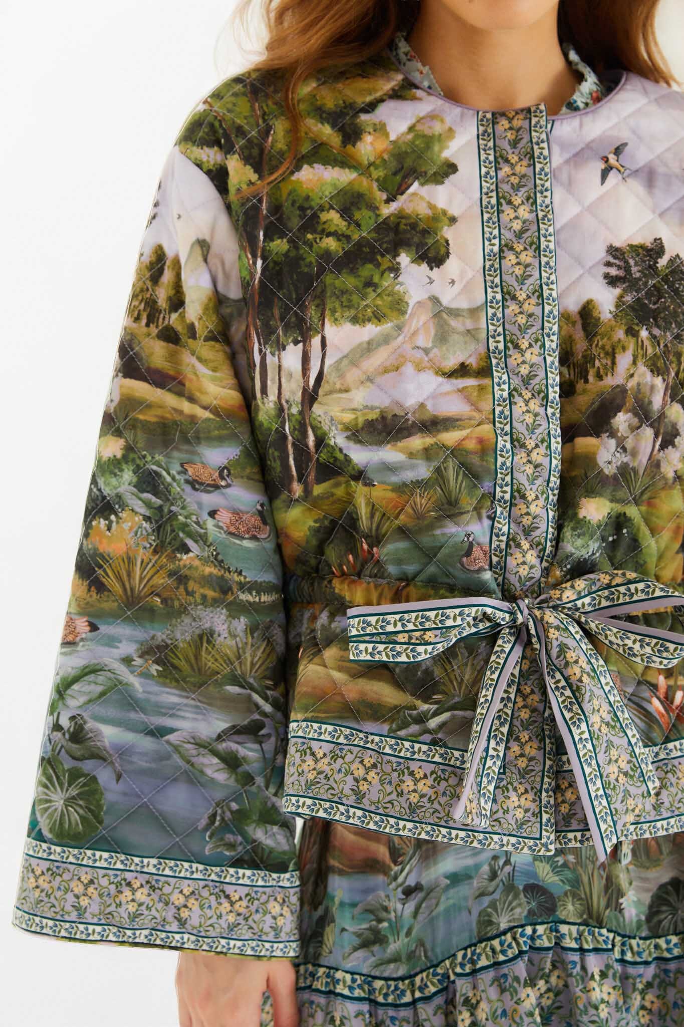 FARM Rio model wearing the Multicolor Countryside Landscape Quilted Kimono Jacket
