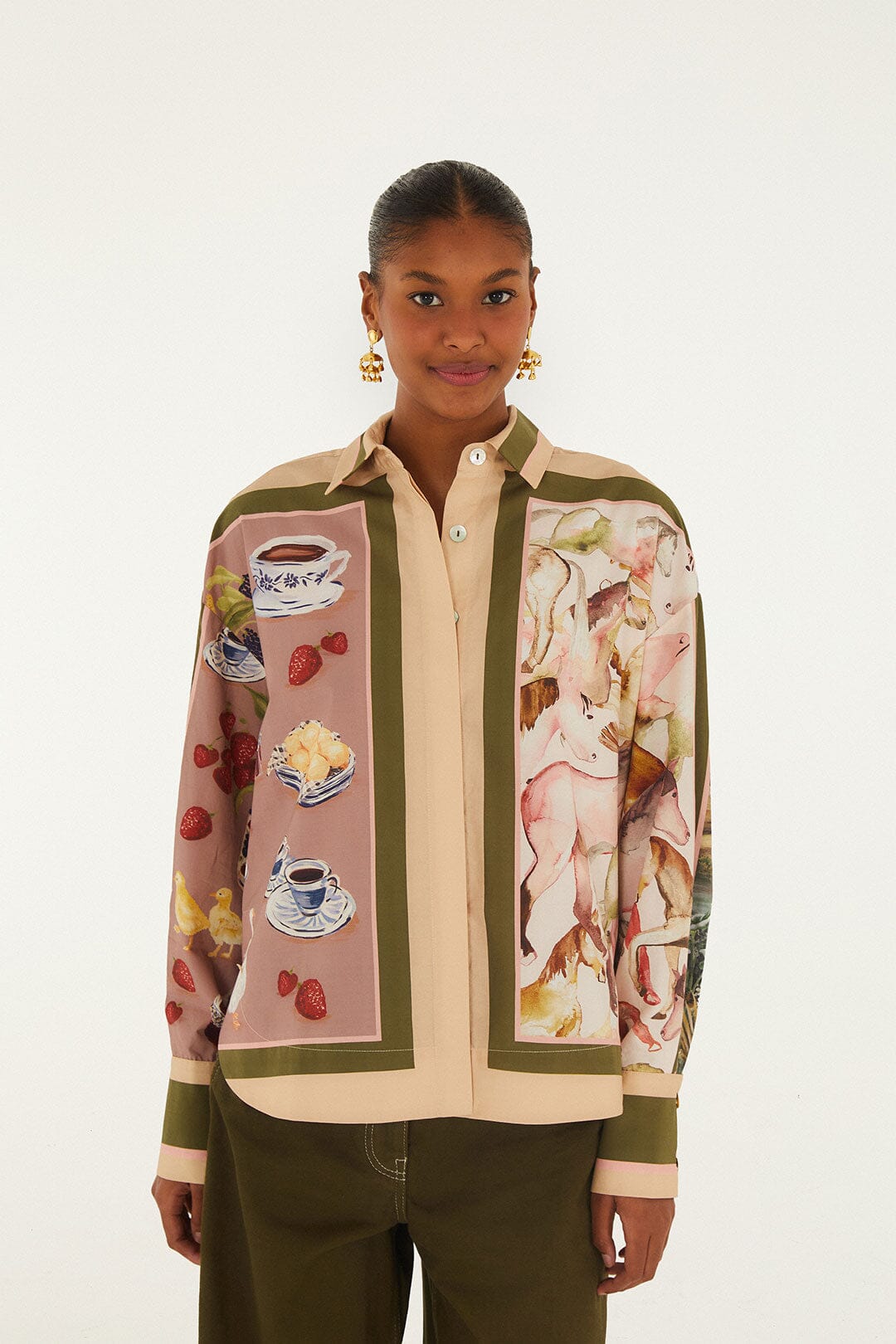 FARM Rio model wearing the Multicolor Countryside Mixed Scarf Buttoned Shirt
