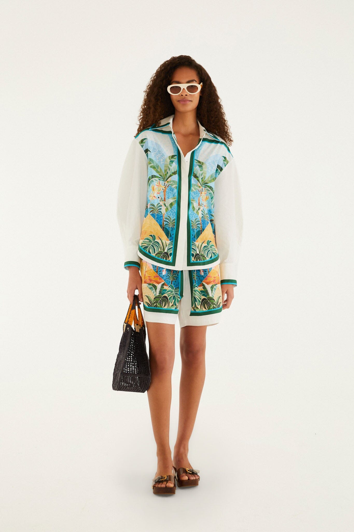 FARM Rio model wearing the Multicolor Rio Mosaic Collared Buttoned Shirt
