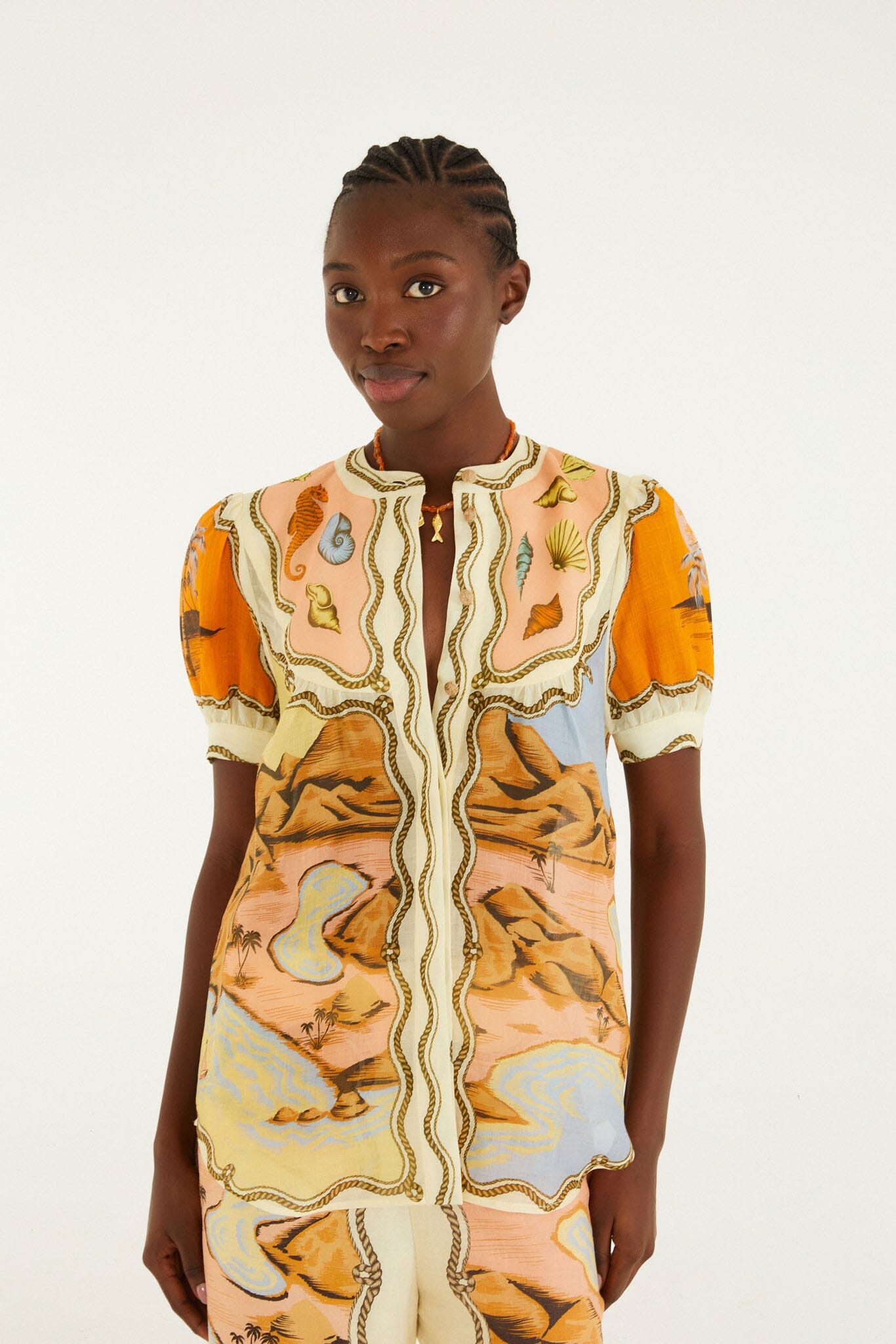 FARM Rio model wearing the Multicolor Rio Souvenir Scarves Puff Sleeve Blouse