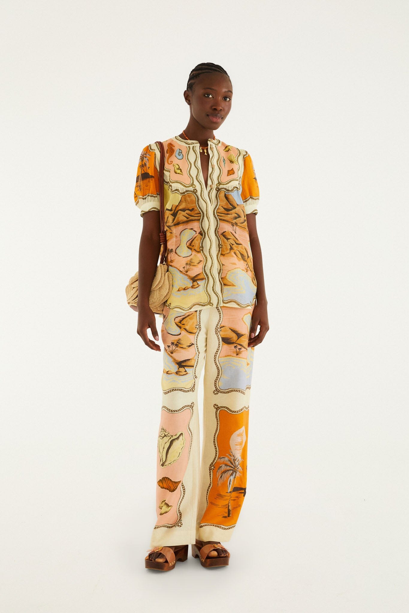 FARM Rio model wearing the Multicolor Rio Souvenir Scarves Puff Sleeve Blouse