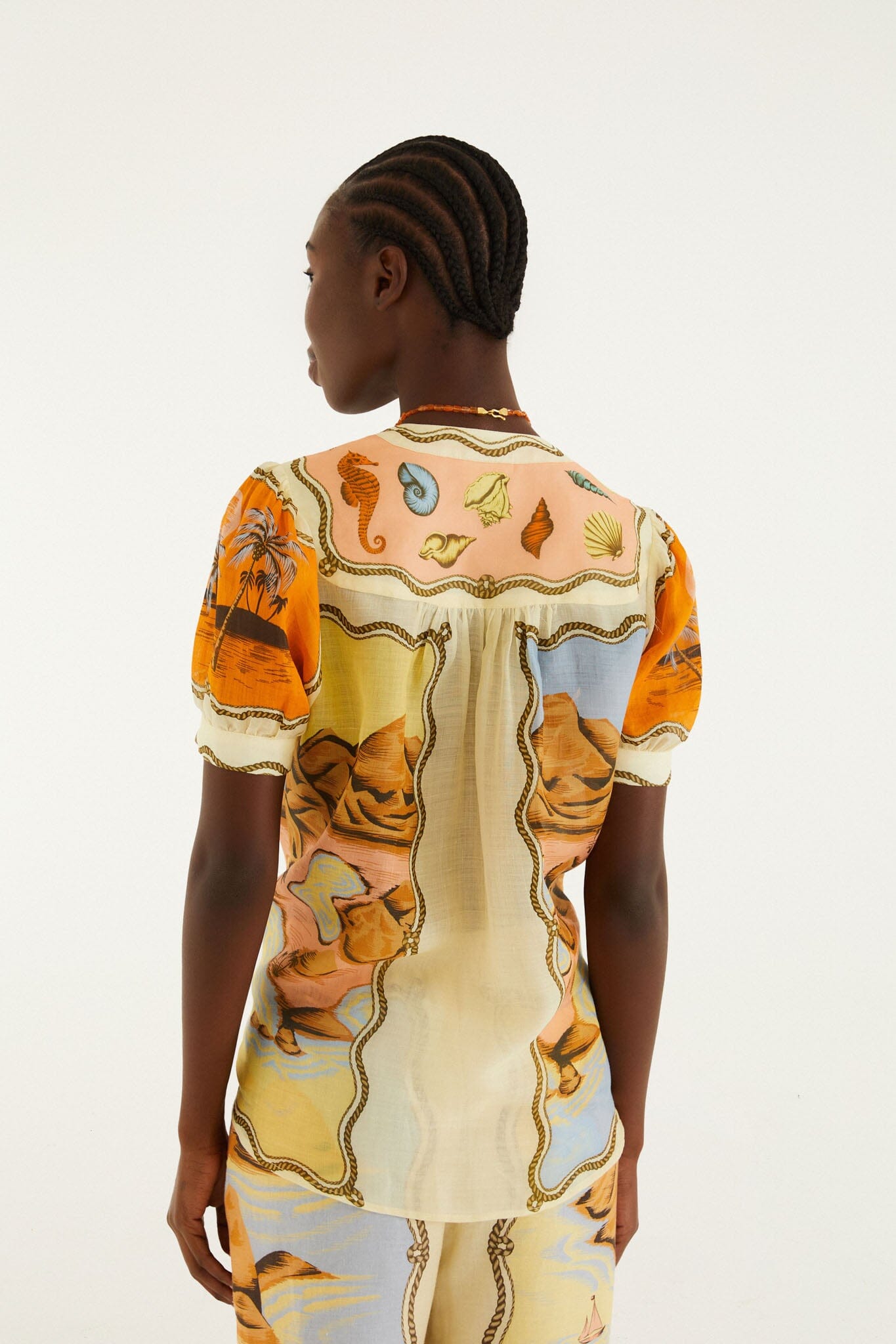 FARM Rio model wearing the Multicolor Rio Souvenir Scarves Puff Sleeve Blouse