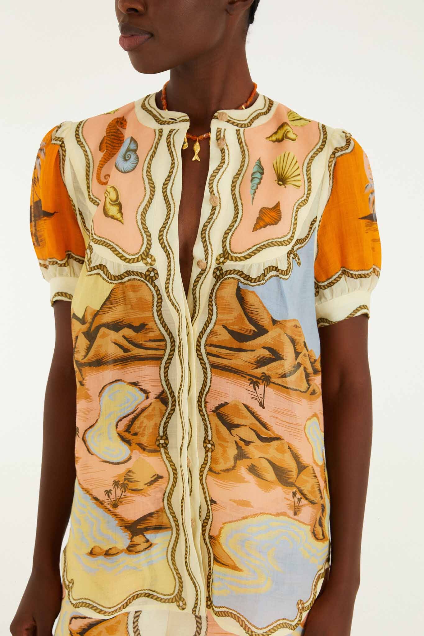 FARM Rio model wearing the Multicolor Rio Souvenir Scarves Puff Sleeve Blouse