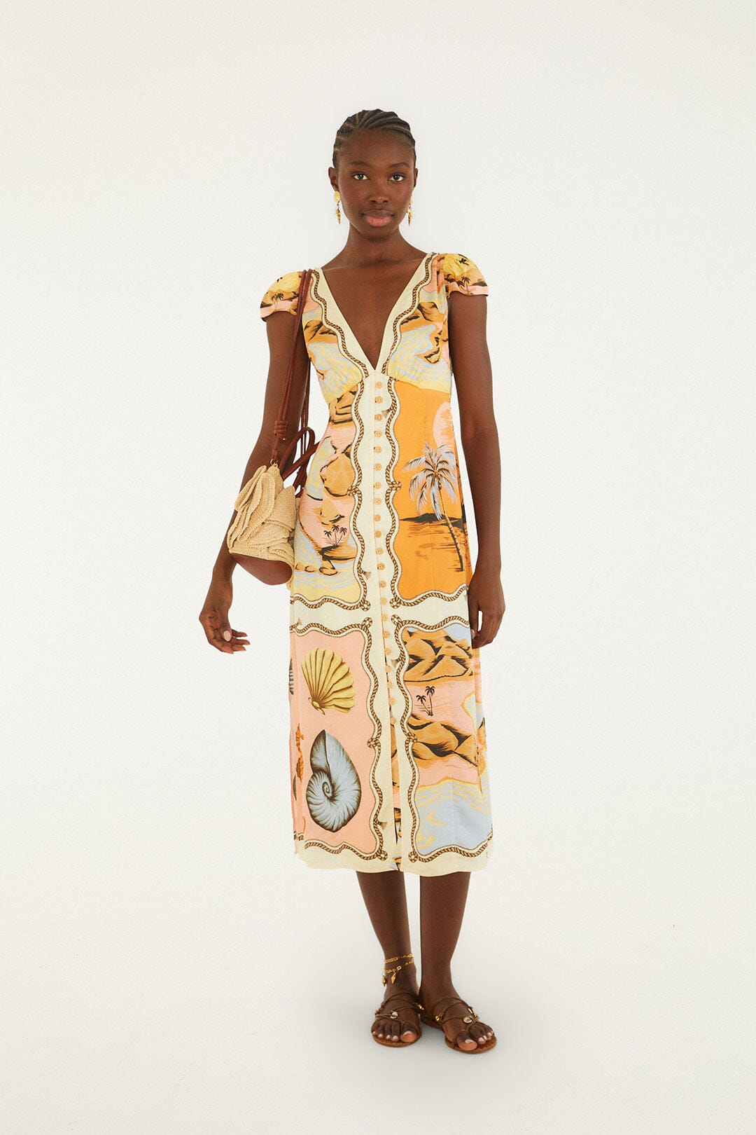 FARM Rio model wearing the Multicolor Rio Souvenir Scarves Satin Midi Dress