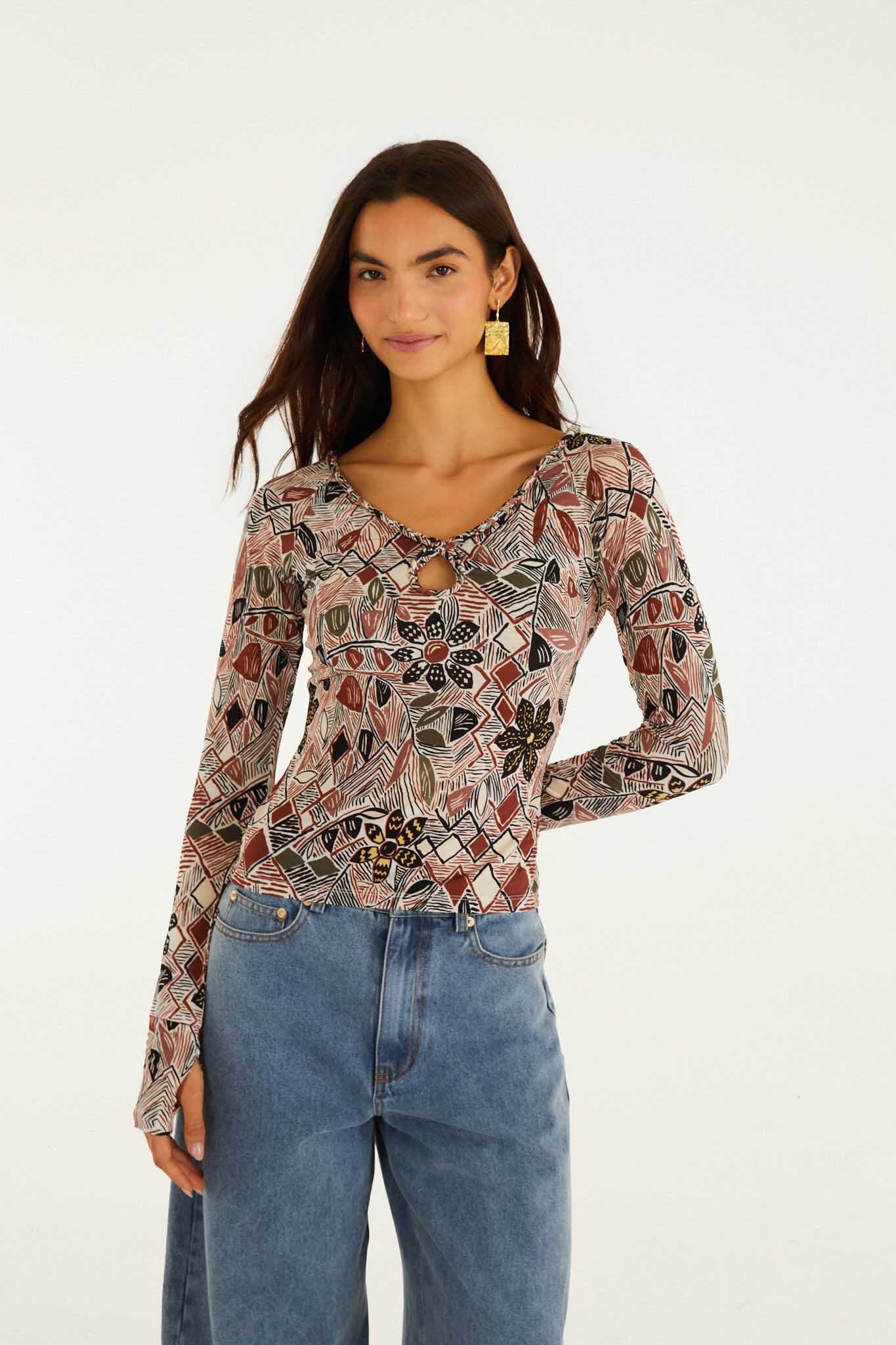 FARM Rio model wearing the Multicolor Rustic Flowers Long Sleeve Top