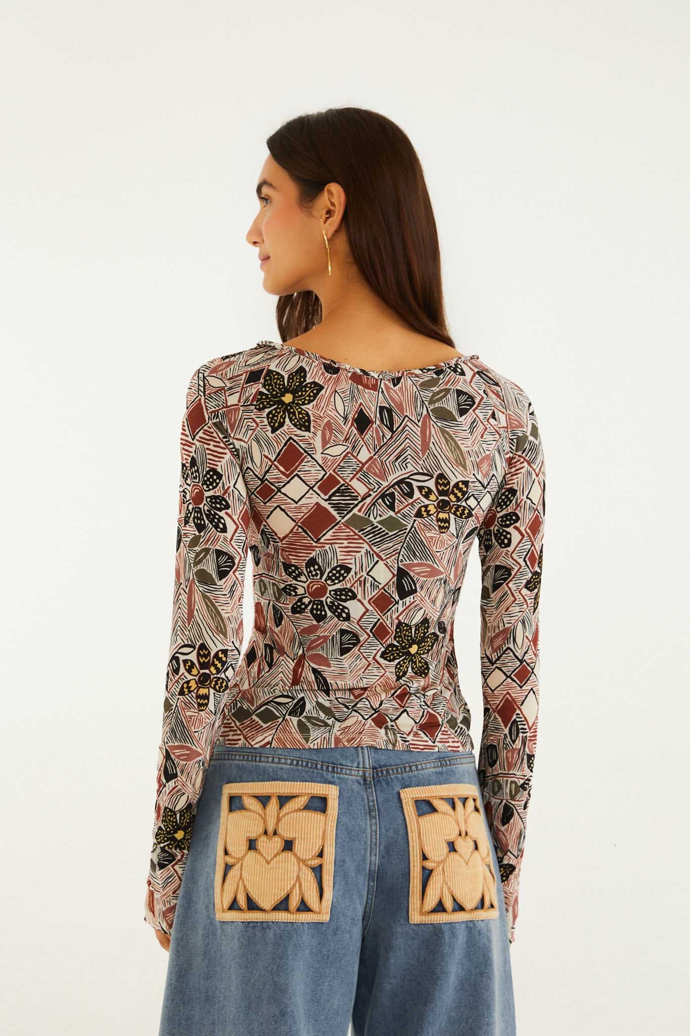FARM Rio model wearing the Multicolor Rustic Flowers Long Sleeve Top