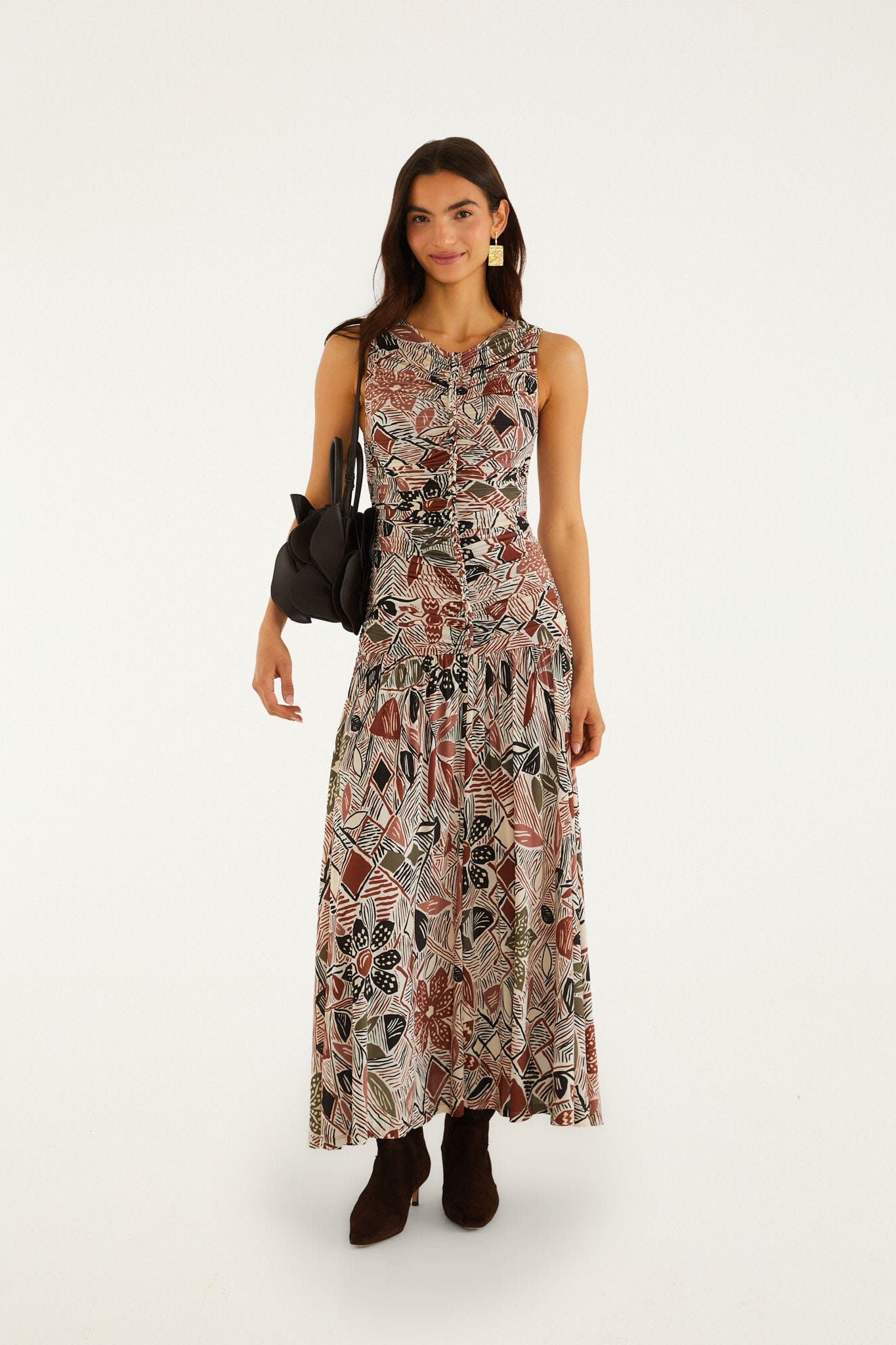 FARM Rio model wearing the Multicolor Rustic Flowers Sleeveless Ruched Maxi Dress