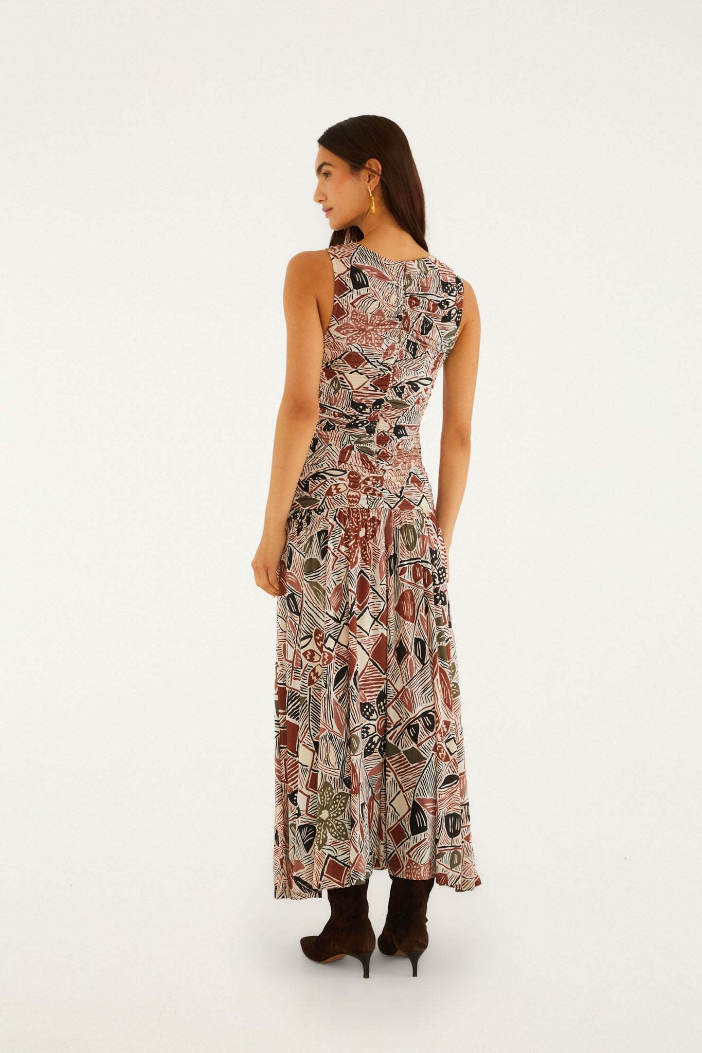 FARM Rio model wearing the Multicolor Rustic Flowers Sleeveless Ruched Maxi Dress