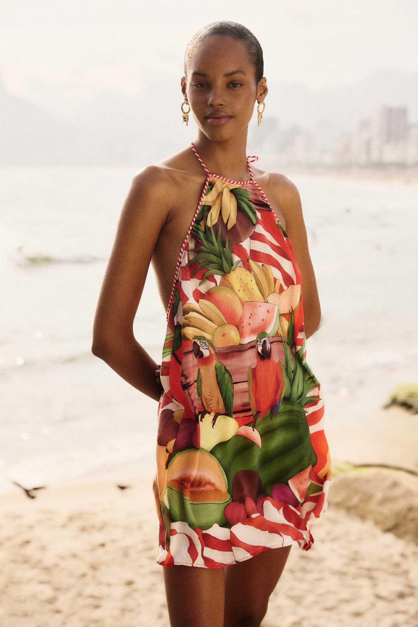 FARM Rio model wearing the Multicolor Tropical Rope Ties Mini Dress