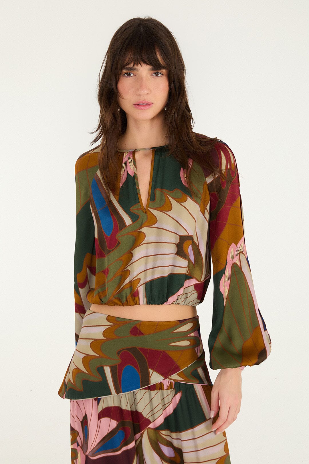 FARM Rio model wearing the Mystical Paradise Long Sleeve Blouse