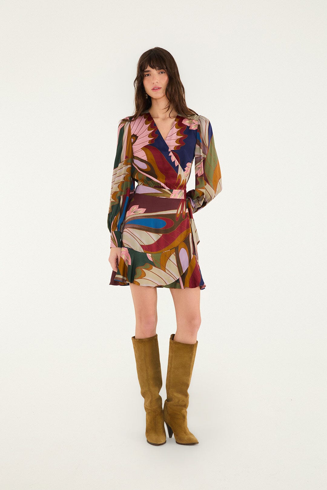 FARM Rio model wearing the Mystical Paradise Long Sleeve Mini Dress